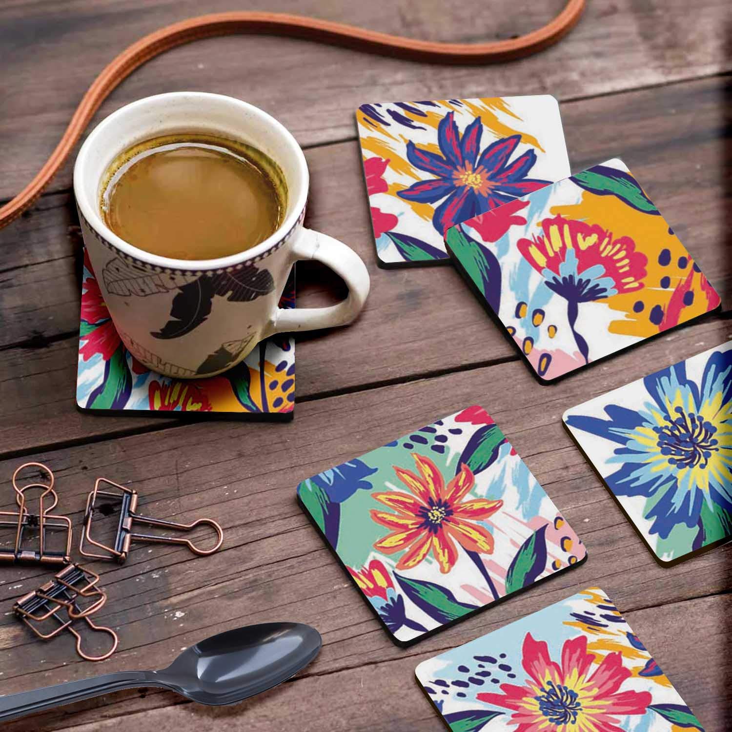 Set of 6 Floral Printed 4-inch Square Drink Coasters - Non-Slip Cork Base, Easy to Clean - Perfect for Dining Table, Coffee Table, and Home Decor