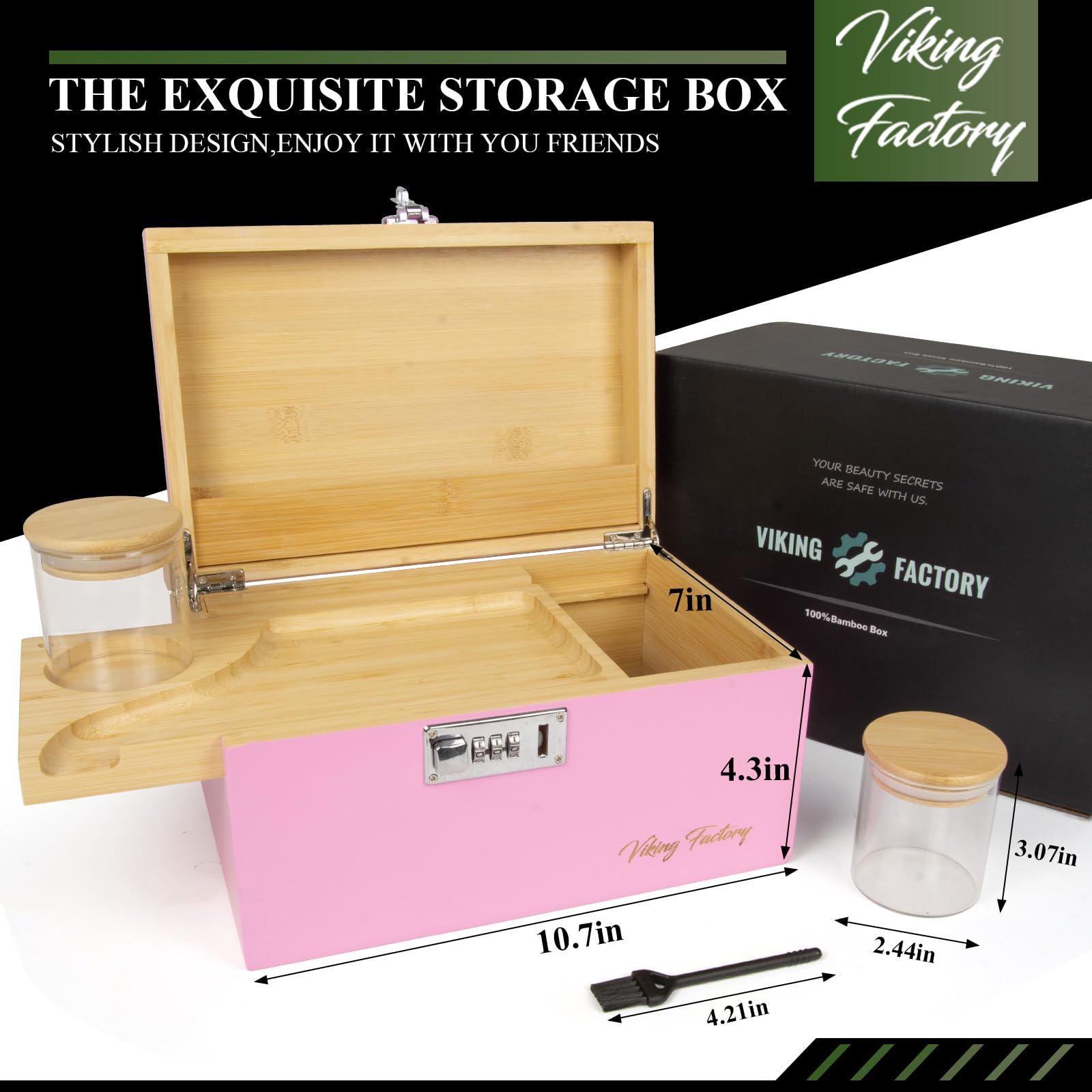 Extra Large Bamboo Gift Box with Combination Lock - Decorative Storage Organizer for Jewelry, Keepsakes & Essentials | Home, Office & Wedding Use (Pink)
