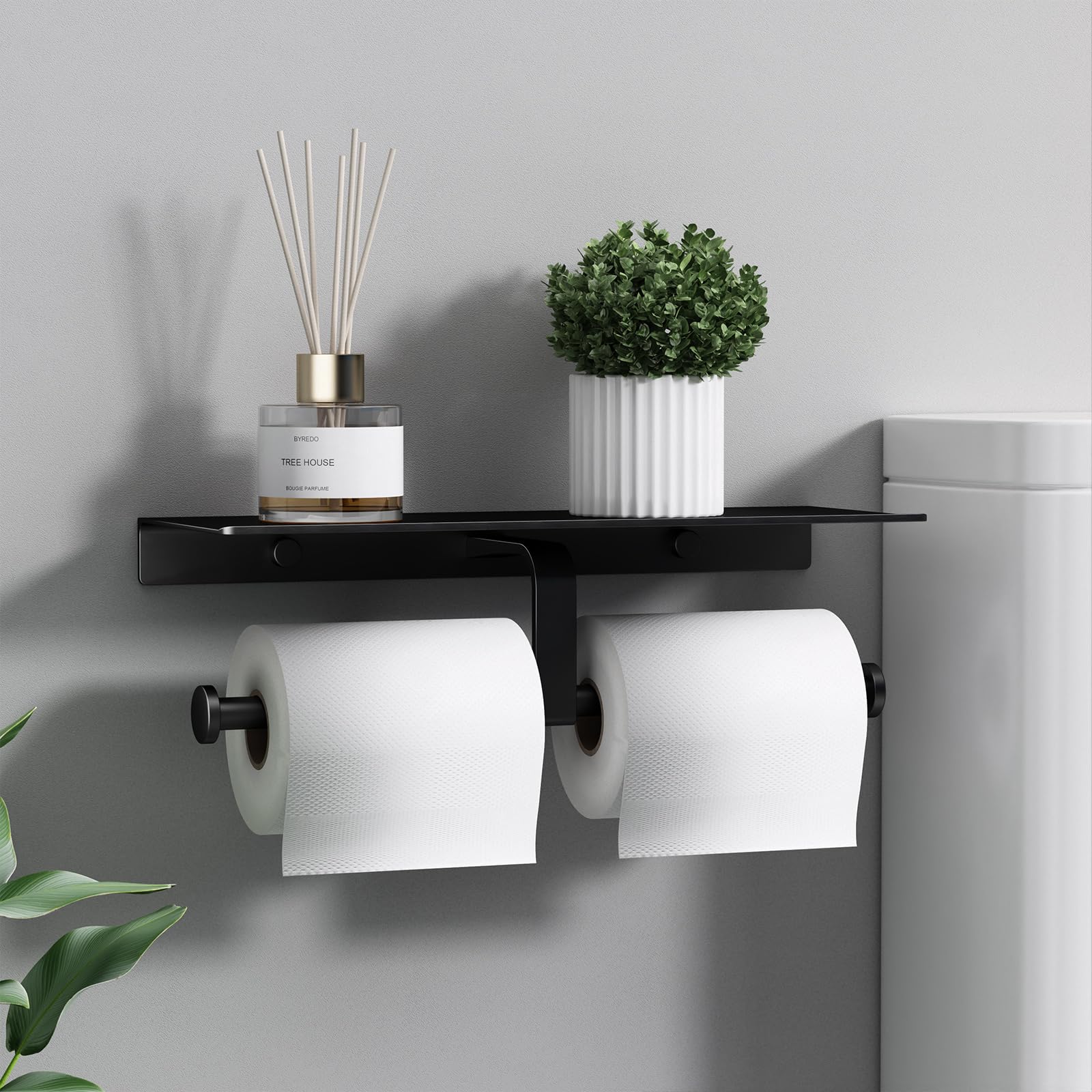 Danpoo Matte Black Toilet Paper Holder with Shelf - Wall Mounted Bathroom Organizer for Double Rolls | Space-Saving Bathroom Storage Solution for Small Spaces & Modern Homes