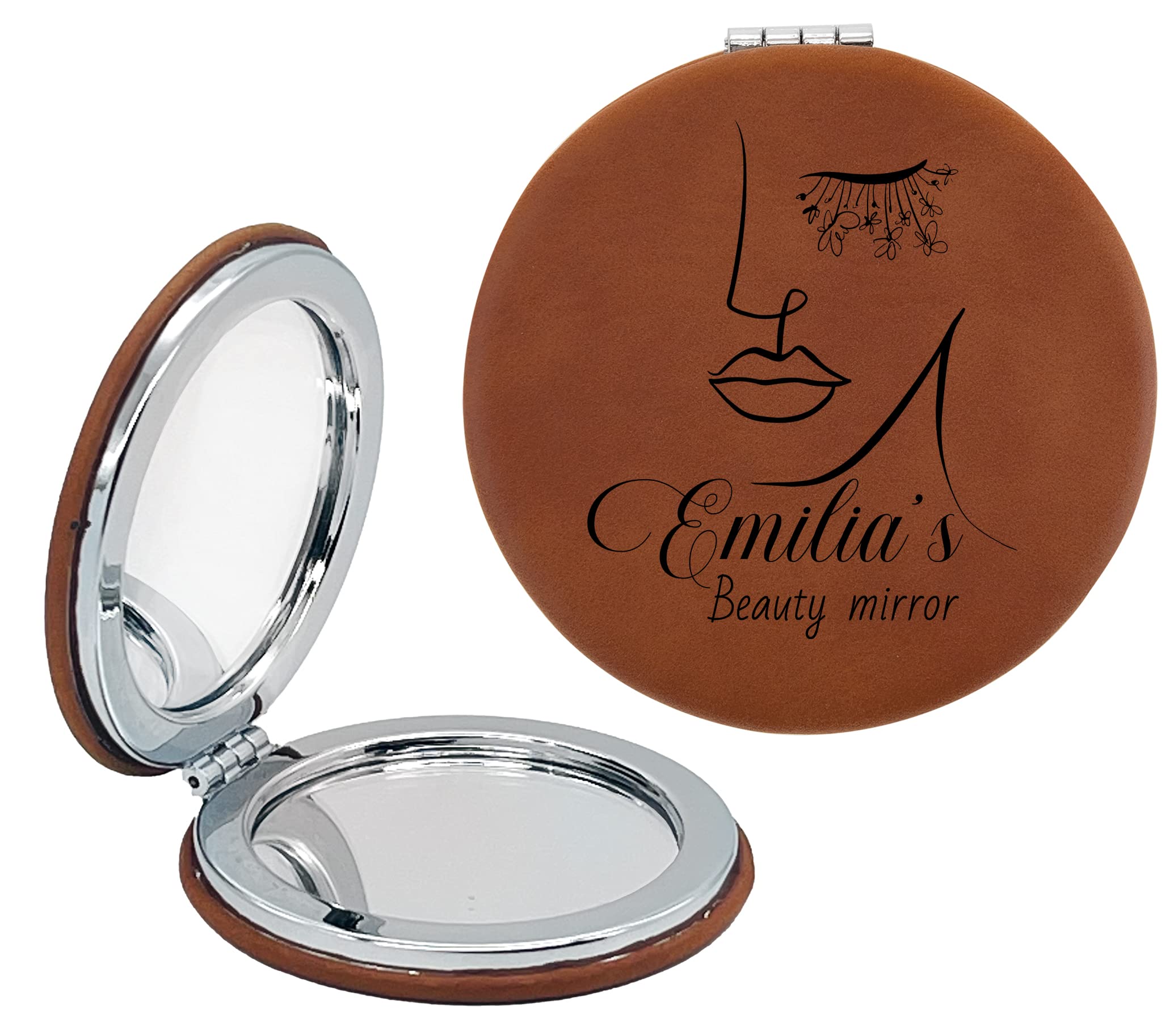 Custom Engraved Personalized Compact Mirror - Double Sided Magnification Travel Pocket Mirror for Women | Wedding, Birthday Gift Idea | Perfect for Purse, Makeup Bag & Travel Accessories (PU Leather)