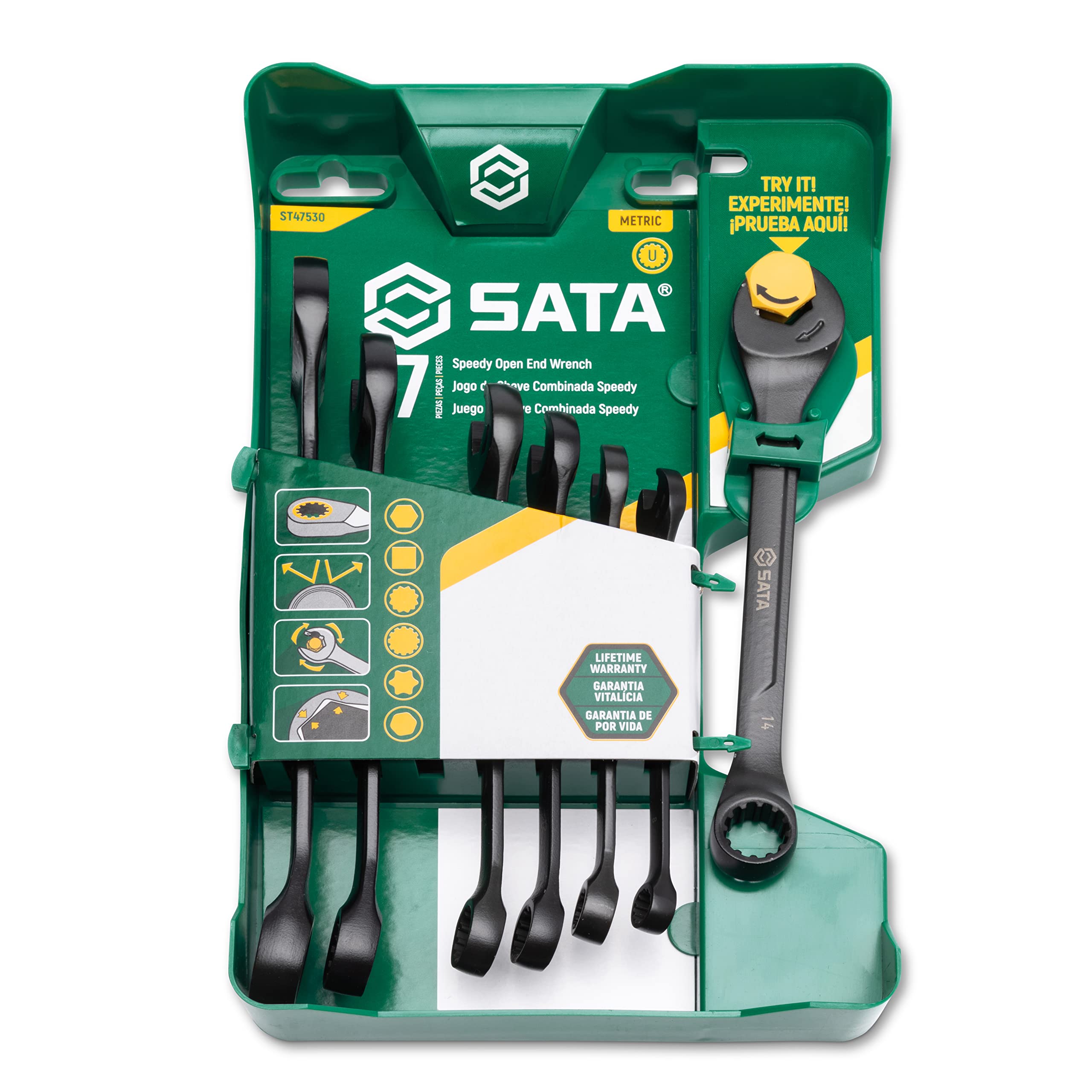 7-Piece Metric SATA ST47530 Open End Ratcheting Combination Wrench Set - Chrome Finish, Corrosion Resistant - Perfect for Automotive Repair, DIY Projects & Professional Mechanics