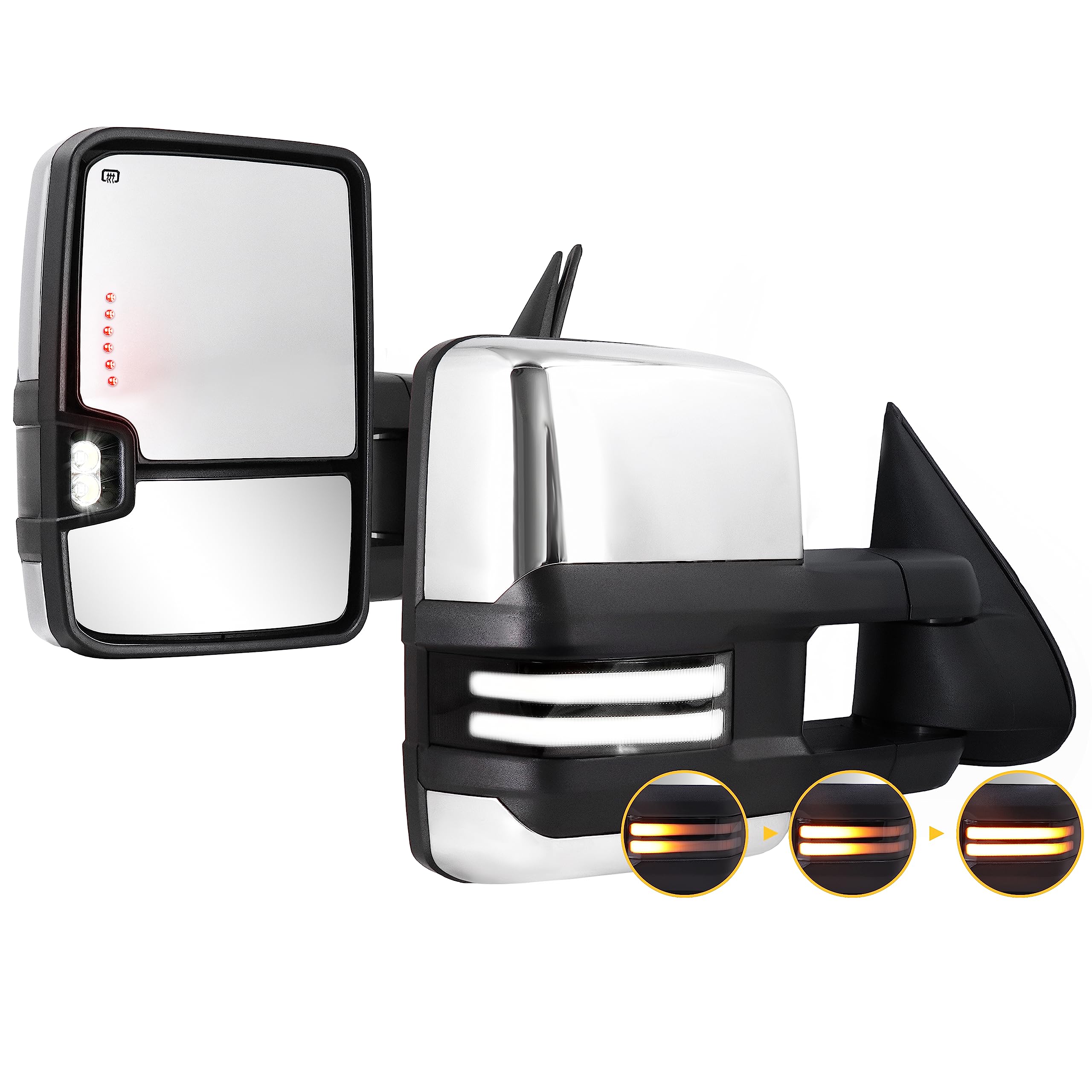 Chrome Towing Mirrors with Switchback Lights & Turn Signals - Compatible with 2003-2007 Chevy Silverado & GMC Sierra - Power Glass, Heated, Backup Lamp - Perfect for Towing, Night Driving & Enhanced Safety