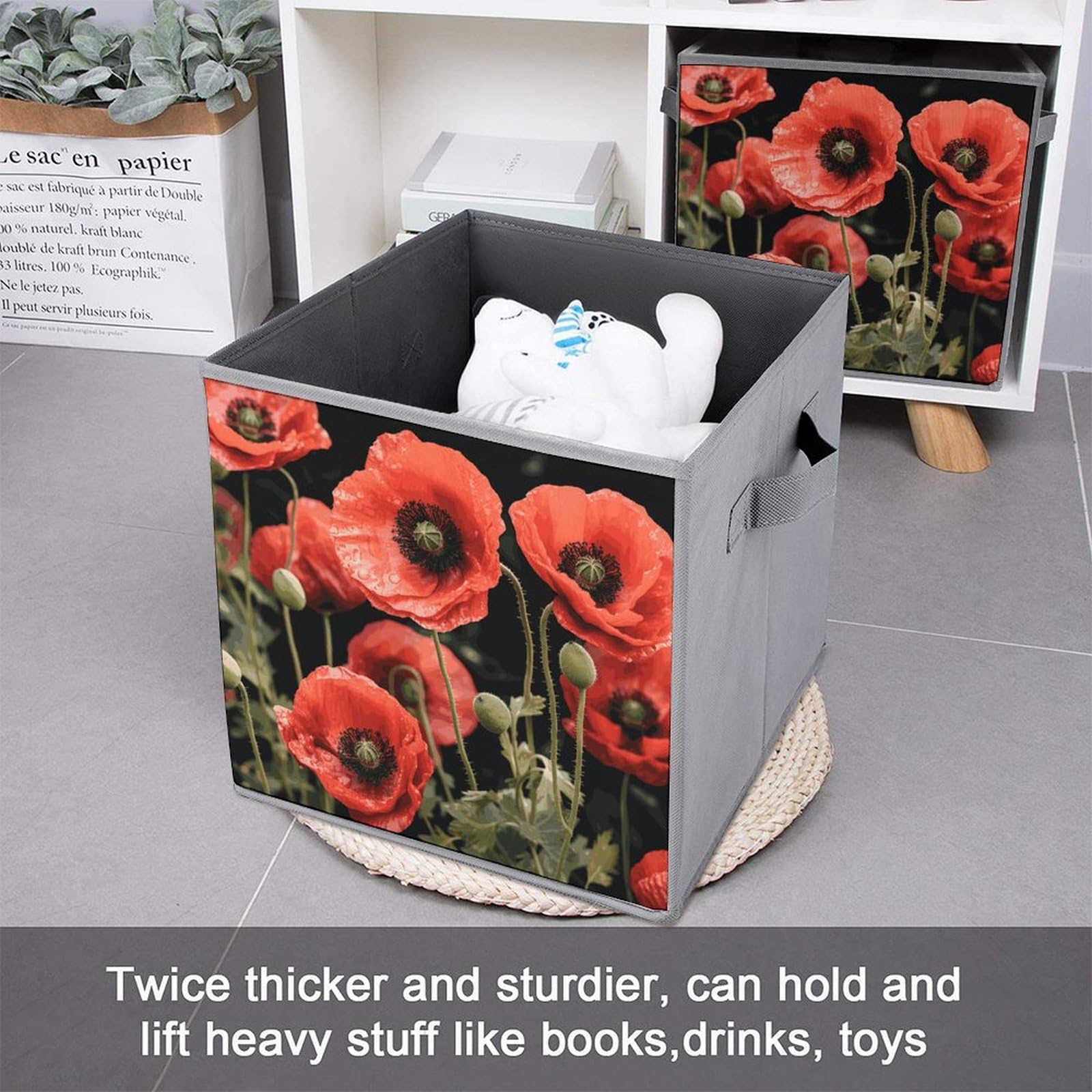 6-Piece Collapsible Storage Bins with Handles - Red Poppy Flower & Leaf Print, Foldable Organizing Baskets for Home, Office, Closet & Shelves | Space-Saving Storage Solutions for Toys, Books & Household Items