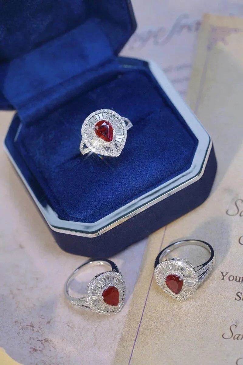 18K White Gold Natural Ruby and Diamond Ring for Women - Luxury Water Drop Design Jewelry for Senior Banquets, Weddings & Special Occasions