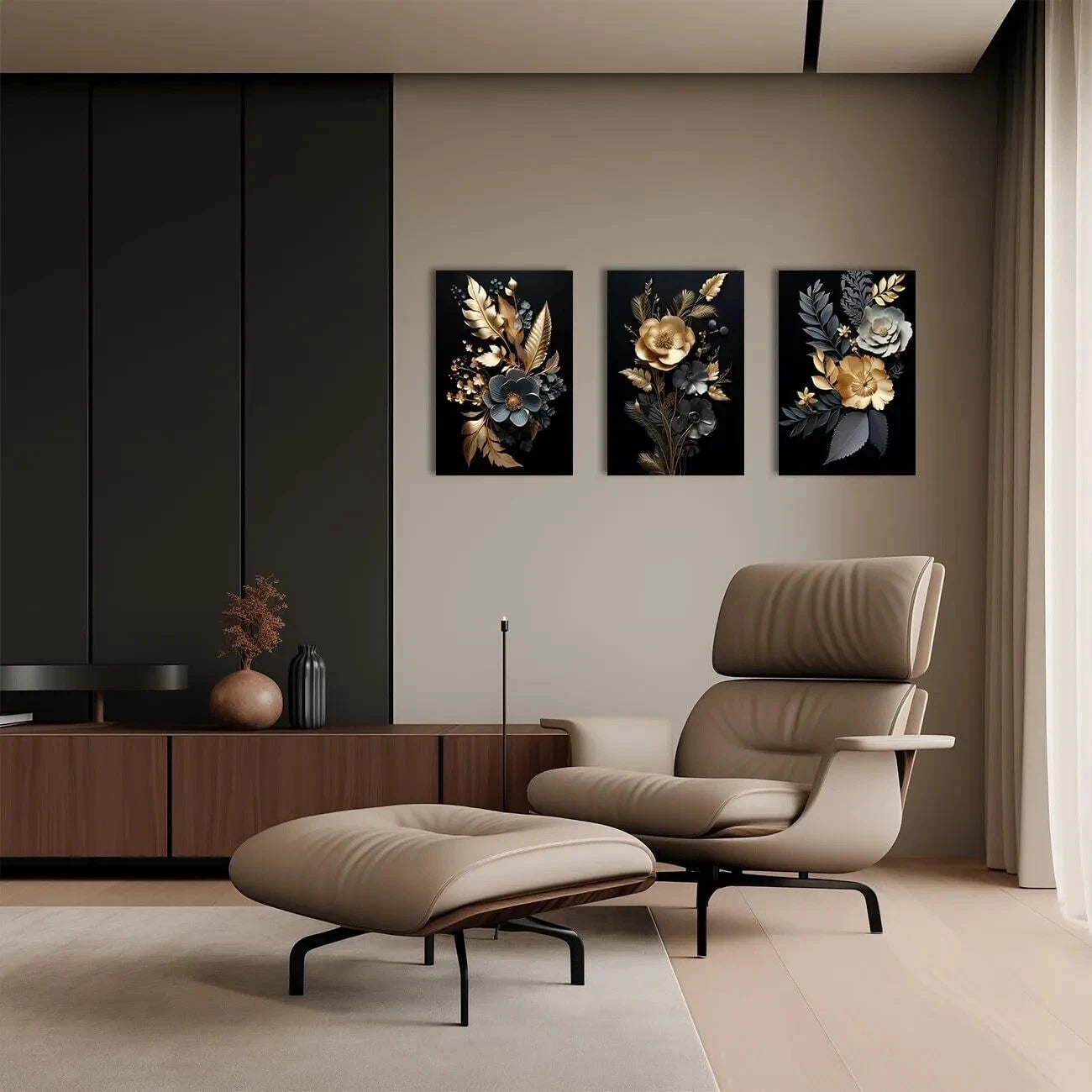 3-Piece Abstract Black and Gold Leaf Bloom Metal Wall Art - Ready to Hang Modern Home Decor for Living Room, Bedroom & Office