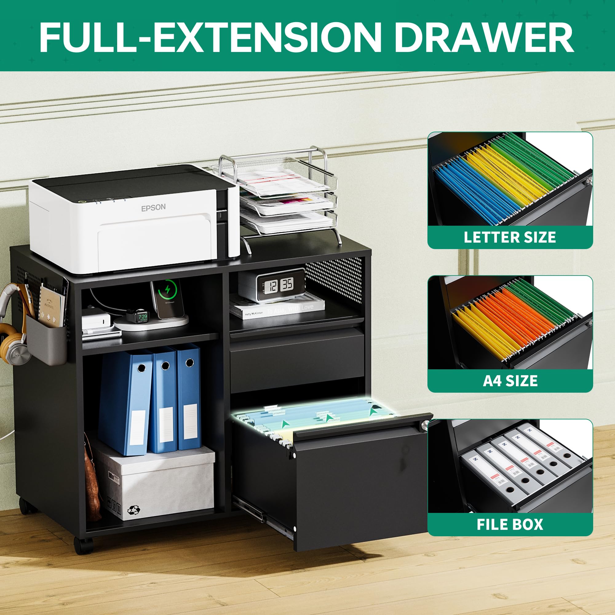 Letaya Mobile File Cabinet - Metal Lateral Rolling Printer Stand with Shelves for Home Office Storage - Organize A4/F4/Letter Size Documents - Perfect for Office, Study Room or Home Workspace (Black)