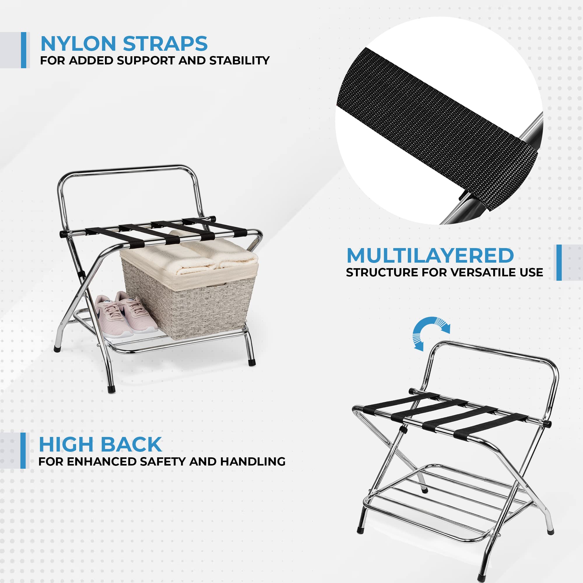 Chrome Double-Tier Luggage Rack with High Back - Foldable Fully Assembled Guest Room Storage (2-Pack) | Perfect for Hotels, Bedrooms & Small Space Organization