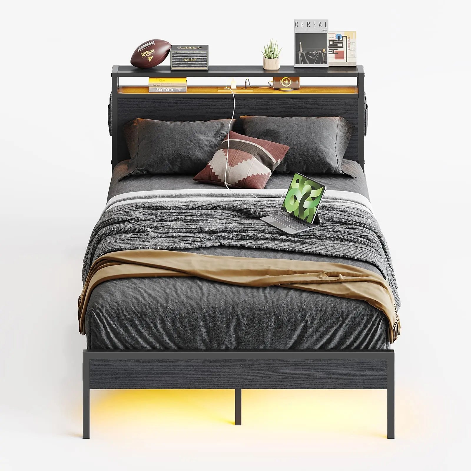 Bestier LED Full Size Bed Frame with Headboard and Storage - Modern Platform Bed with USB Ports & Underbed Storage - Perfect for Small Bedrooms, Guest Rooms & Dormitories