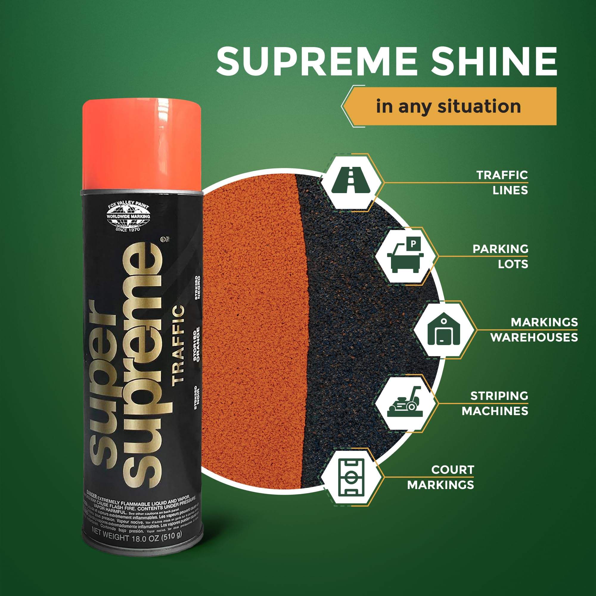 Fox Valley Super Supreme Traffic Spray Paint - 18 oz (Pack of 12), Orange - High-Performance Road Marking Paint for Parking Lots, Sidewalks, Warehouses & Factory Floors - Quick-Drying, Easy to Use for Professional & DIY Projects - Perfect for Safety Markings, Traffic Lines & Floor Organization