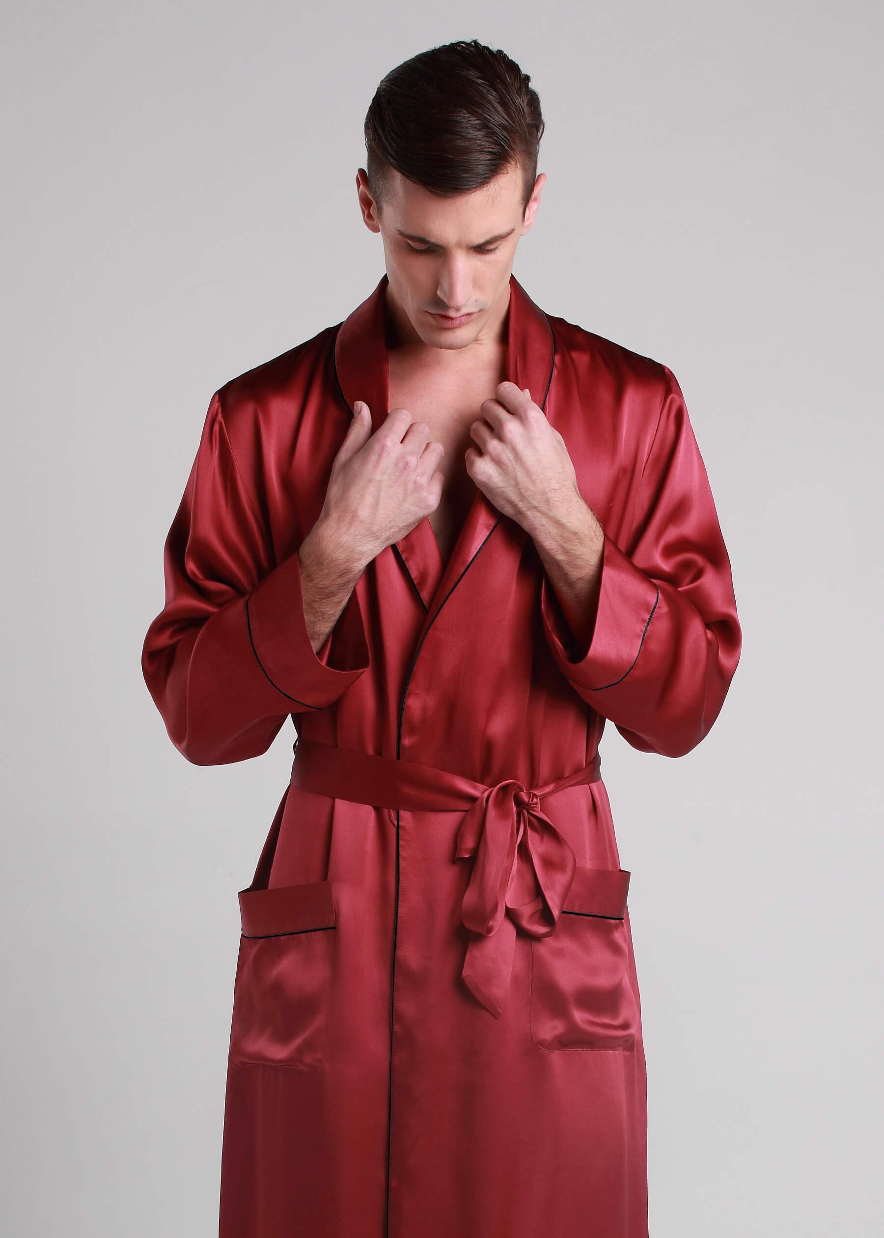 Luxury 100% Silk Men's Robe - Full Length Bathrobe with Contrast Trim for Spa, Lounge & Home Relaxation