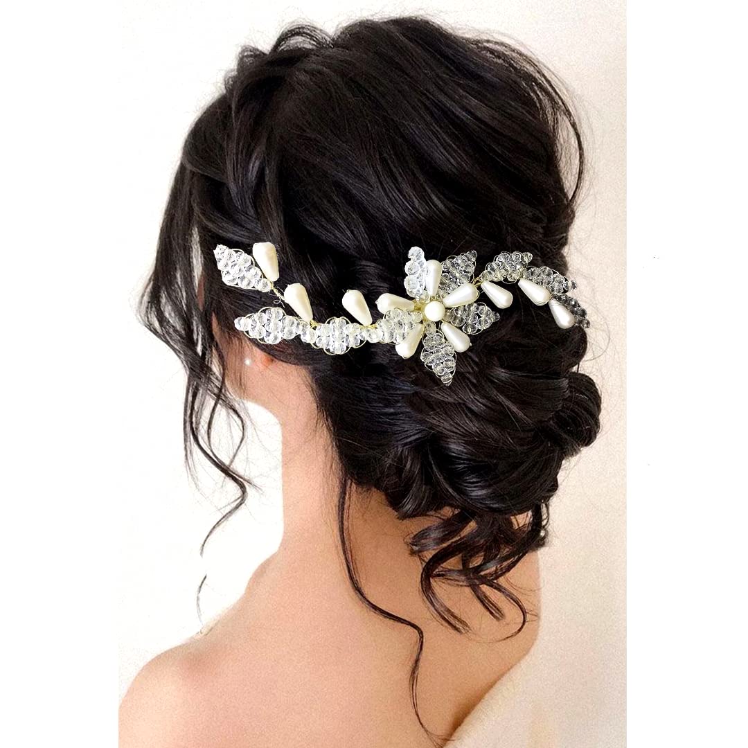 Sparkling Crystal & Pearl Flower Hair Clips - Elegant Artificial Bangs Hair Accessories for Women & Girls | Perfect for Weddings, Parties & Everyday Styling