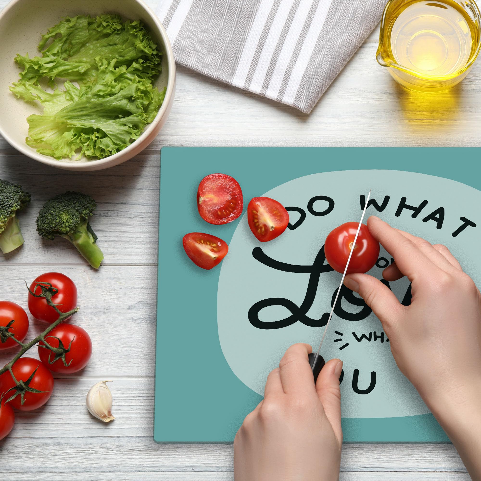 Ambesonne Motivational Cutting Board - 'Do What You Love' Inspirational Kitchen Decor, Tempered Glass Serving Board for Cheese & Charcuterie (Large, Turquoise/Black/White) - Perfect for Home Cooking, Entertaining & Housewarming Gifts
