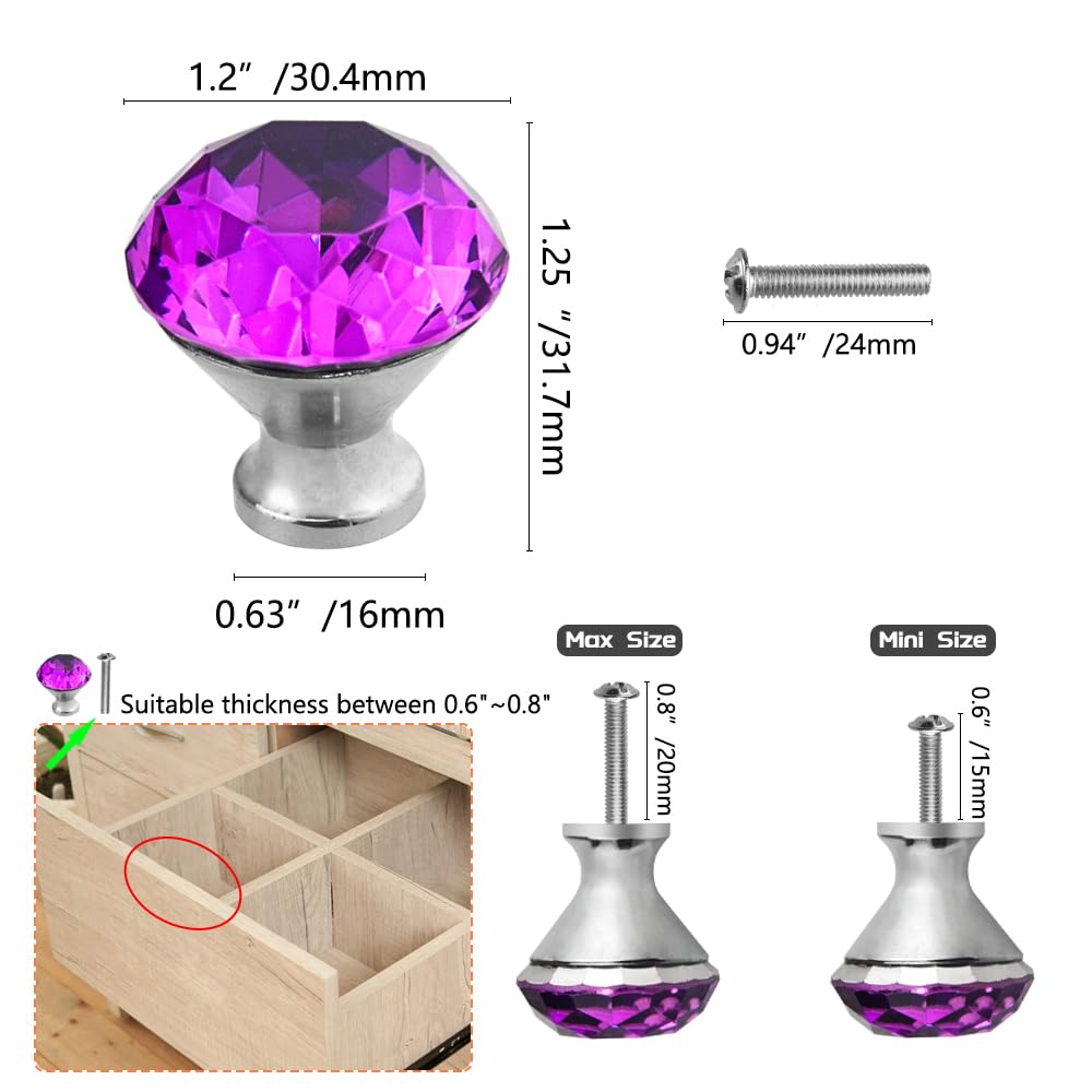 10 PCS Crystal Glass Cabinet Knobs 30mm Diamond Shape - Purple Drawer Pull Handles with Screws for Kitchen, Dresser, Cupboard & Cabinets | Elegant Home Decor Upgrade for Bedroom, Bathroom & Office Furniture