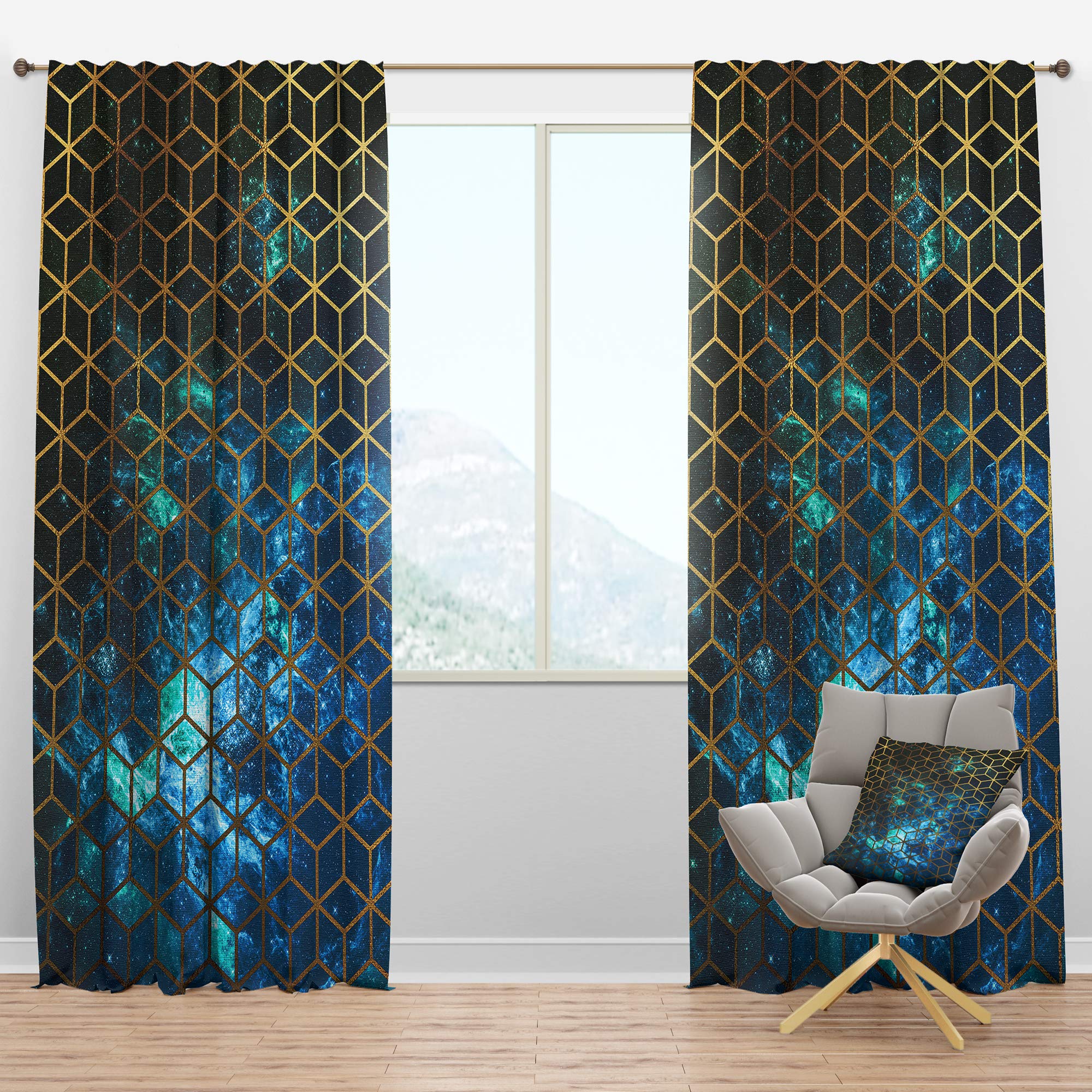 DesignQ Blackout Curtains 'Yellow Cubes Over Blue Cosmic' - Thermal Insulated Single Panel (52x84 inches) for Bedroom & Living Room - Noise Reducing & Energy Saving Window Drapes - Perfect for Home Theater, Nursery & Shift Workers