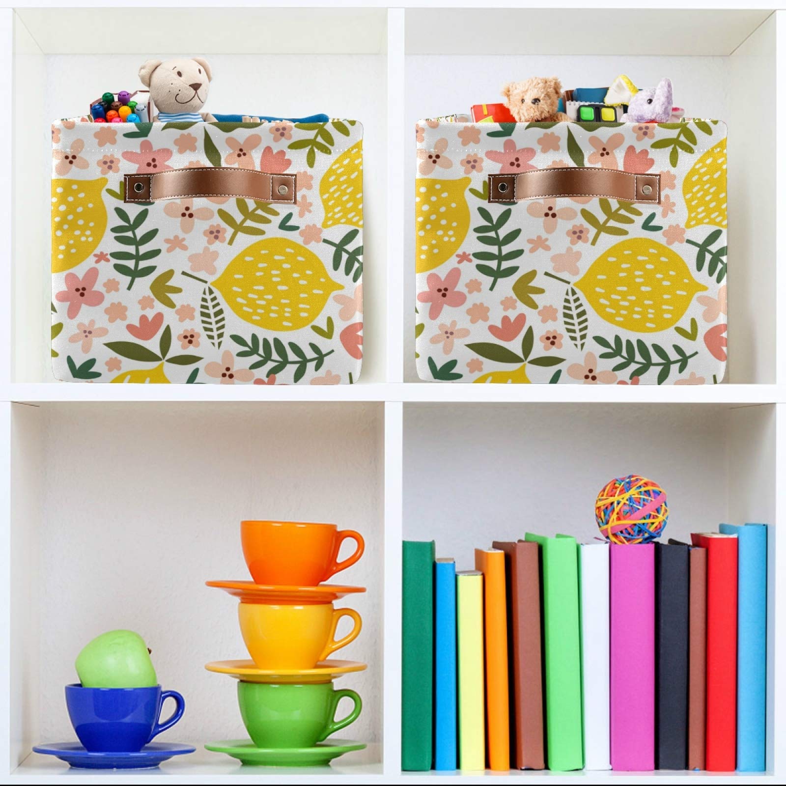 Susiyo Large Foldable Storage Bin - Beautiful Floral Lemon Fabric Collapsible Decorative Basket with PU Handles (2-Pack) | Perfect for Home Organization, Closet Storage, Bedroom & Living Room Shelves