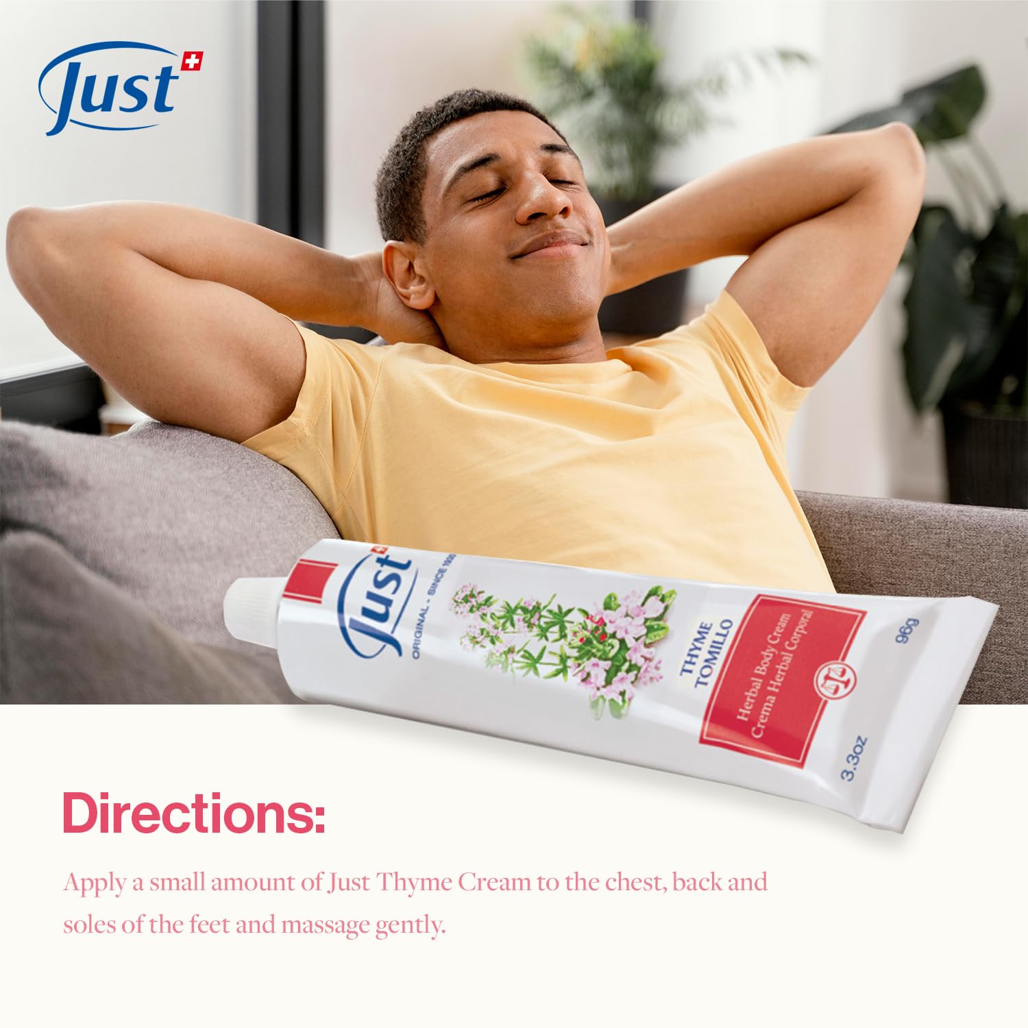 SwissJust Thyme Cream 96g - Natural Massage Cream with Thyme, Camphor Oil, Lemon Eucalyptus, Chamomile, Rosemary, Soybean & Pine Essential Oils | Soothes Muscles & Relaxation for Spa, Aromatherapy & Home Use