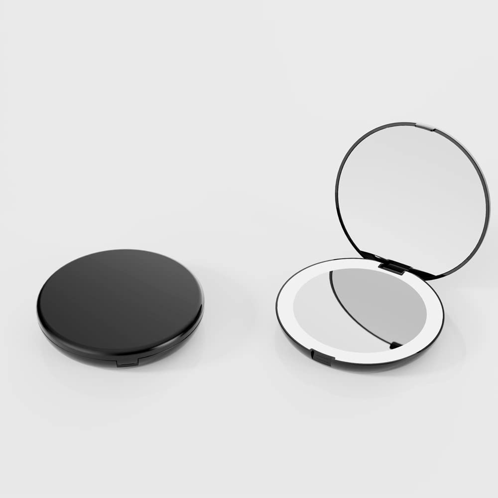 5 Inch Lighted Compact Mirror with 1X/5X Magnification - Dual-Sided LED Makeup Mirror for Travel & Home Use, Portable Folding Design, Daylight Simulation (Black) - Perfect for Makeup Application, Skincare Routine & Travel Essentials