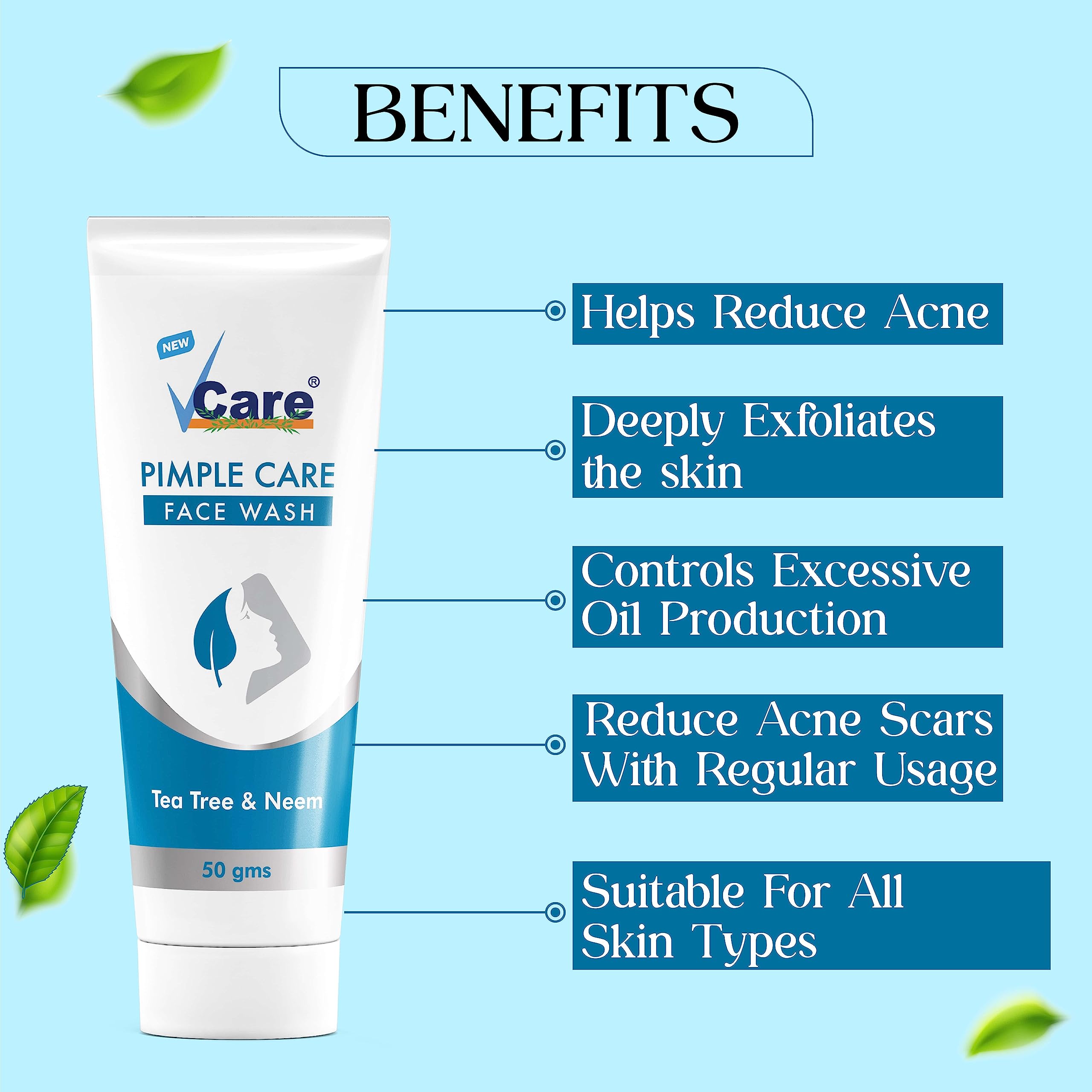 VCare Natural Pimple Face Wash for Oily Skin - Tea Tree & Neem Extract for Acne Control, Tan Removal & Skin Brightening (50g) | Suitable for Normal & Dry Skin | Pack of 1 | Daily Cleansing for Clear, Glowing Skin