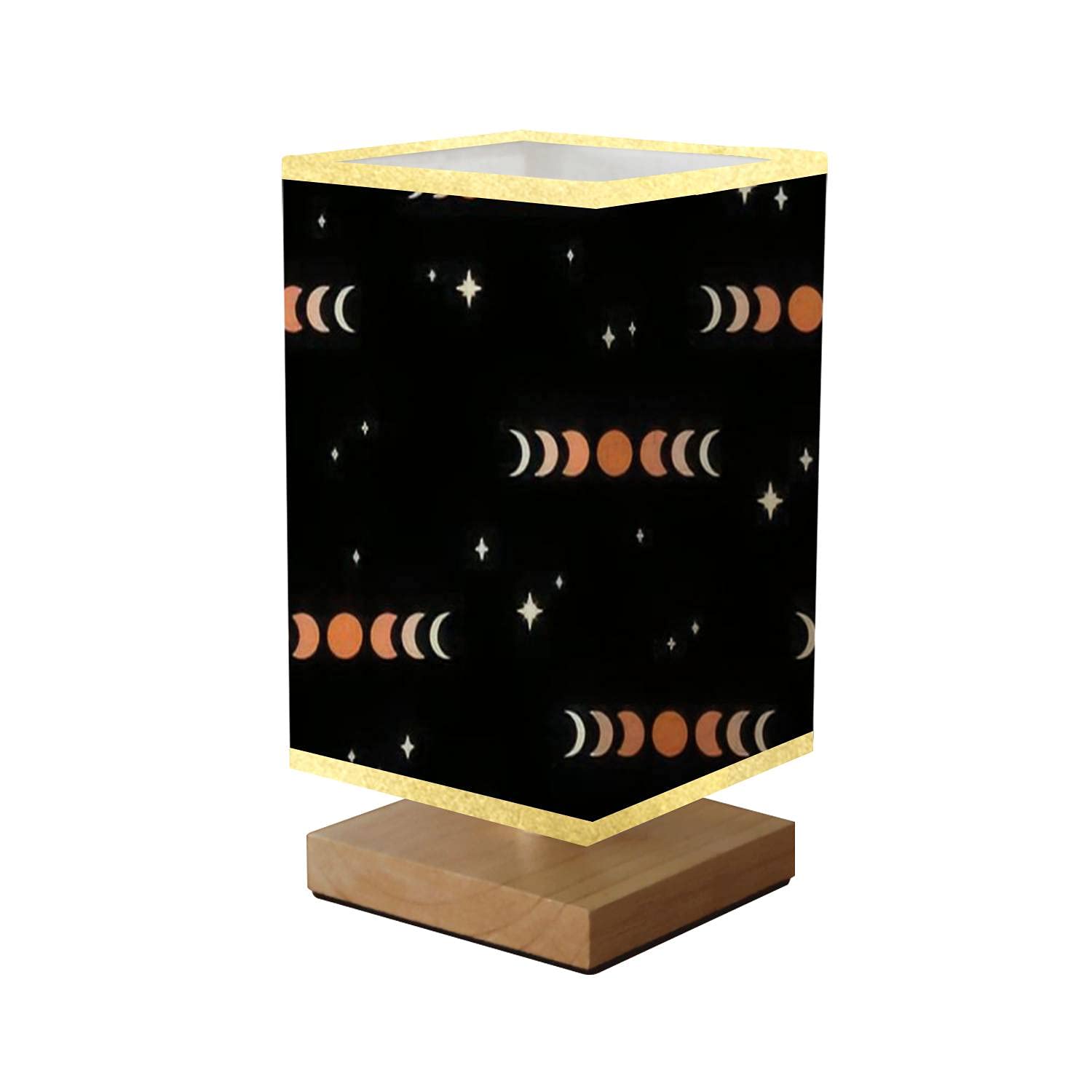 Square Bedside Table Lamp with Moon Phases Design - Boho Style Wooden Base & Flaxen Fabric Shade, Dimmable Nightstand Lamp for Bedroom, Living Room, Nursery - Perfect for Reading, Relaxing & Creating Cozy Atmosphere