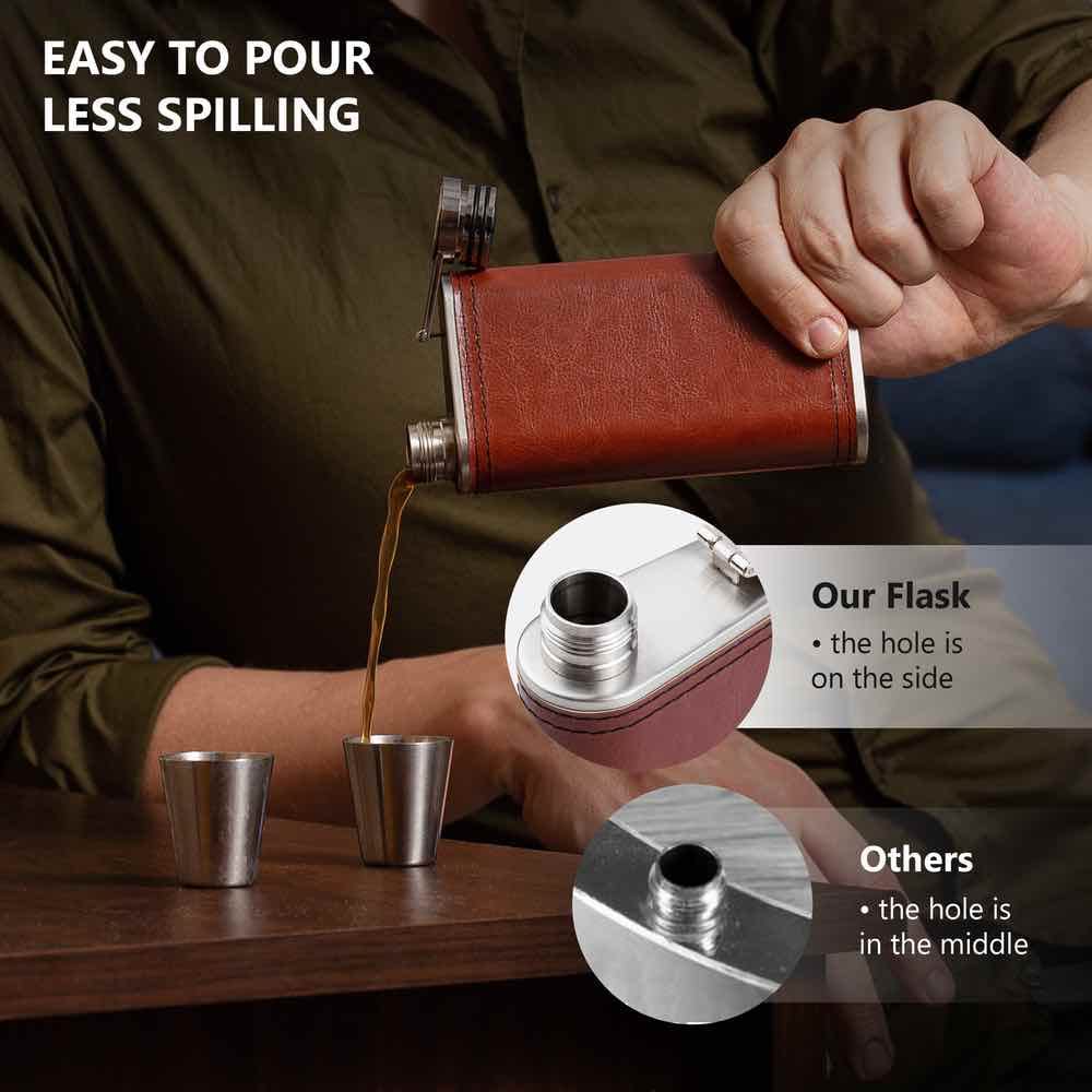 Brown PU Leather 8oz Grip Cap Pocket Flask with Funnel (2-Pack) - Perfect for Bourbon, Whiskey & Outdoor Adventures | Camping, Hiking, Travel & Gifts