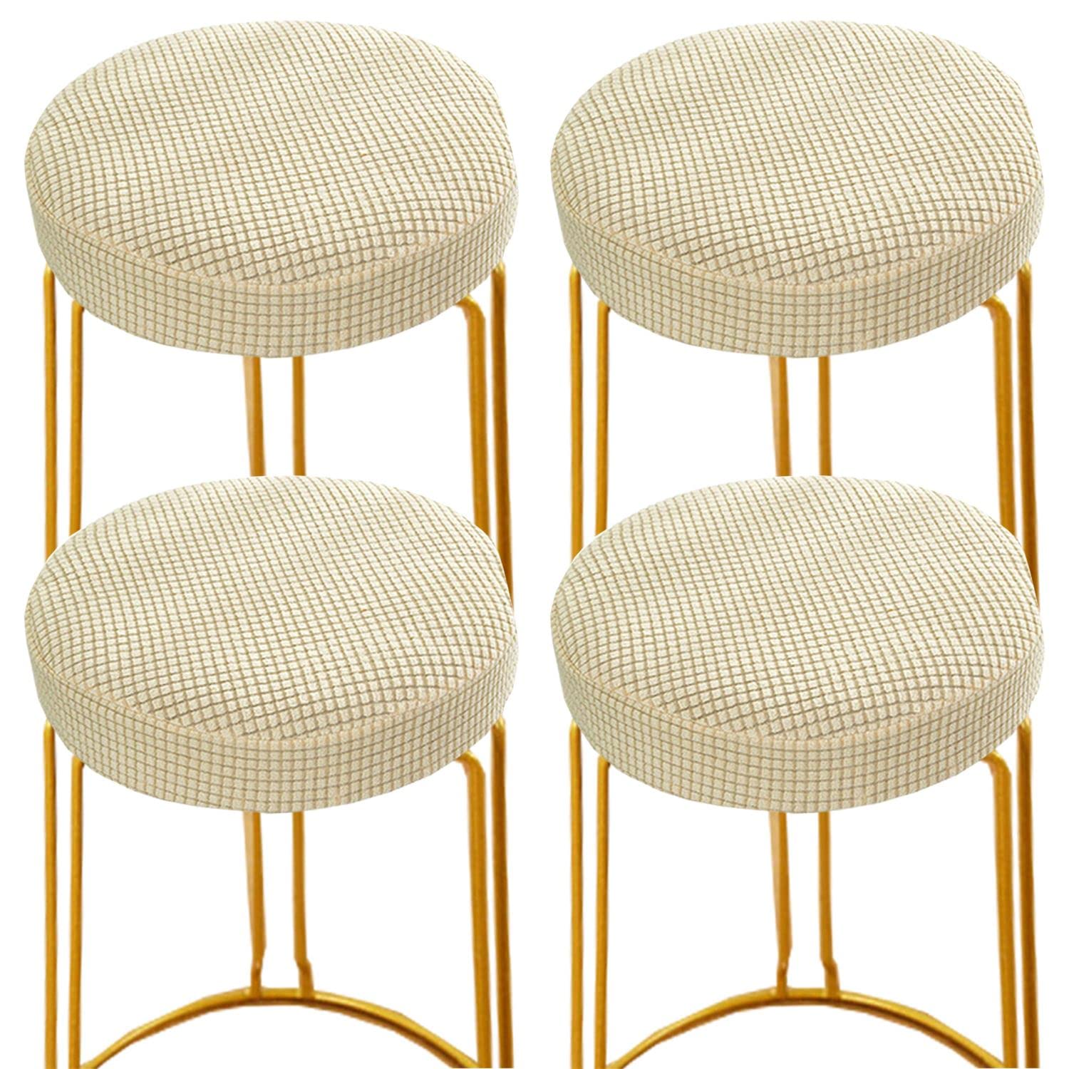 4 Pack Stretch Round Bar Stool Covers - Elastic Chair Seat Slipcovers for 13-18 Inch Bar Stools, Washable Beige Stool Cushion Covers - Perfect for Kitchen, Dining Room, and Home Decor