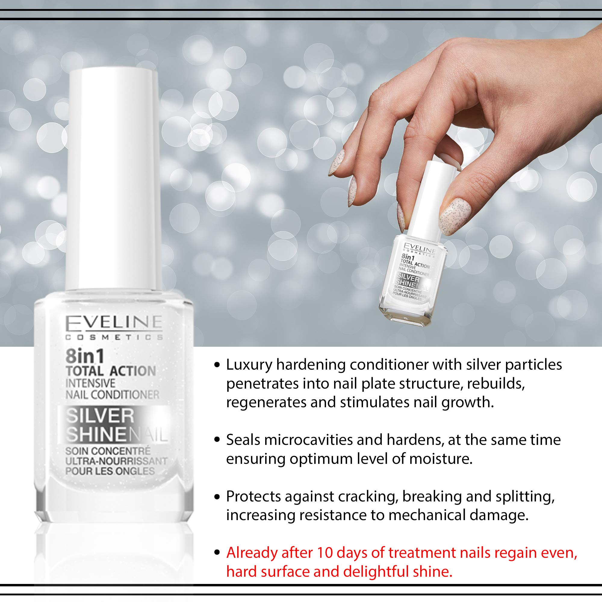 Eveline Cosmetics 8W1 Silver Nail Balm - 12ml Moisturizing & Strengthening Treatment for Dry, Brittle Nails - Perfect for Home Manicures & Nail Care Routine