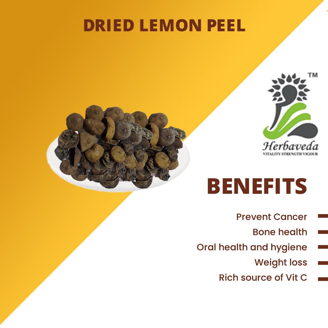 Herbaveda Organic Dried Lemon Peel 200g - Natural Skin & Hair Care Ingredient for DIY Beauty, Tea, and Cooking Recipes