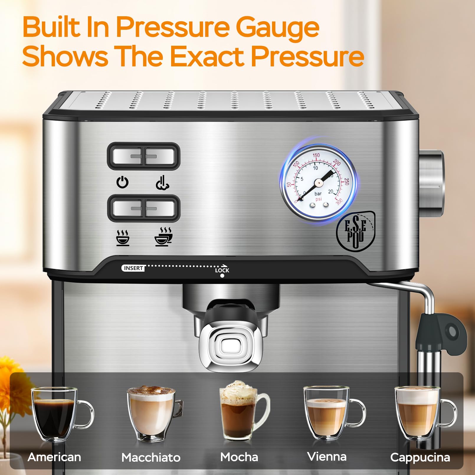 20 Bar Professional Espresso Machine with Milk Frother - Dual Shot Coffee Maker for Home Baristas, Compatible with ESE Pods, Pressure Gauge & 54oz Removable Water Tank - Perfect for Lattes, Cappuccinos & Home Coffee Shops (Silver)