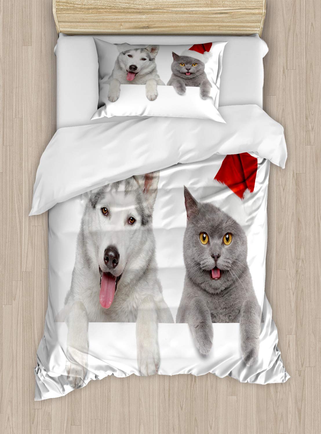 Ambesonne Christmas Duvet Cover Set - Funny Dog & Cat in Santa Hats Pet-Themed Bedding, 2-Pack Queen Size (White Grey Red) - Cozy Holiday Decor for Bedroom & Guest Room