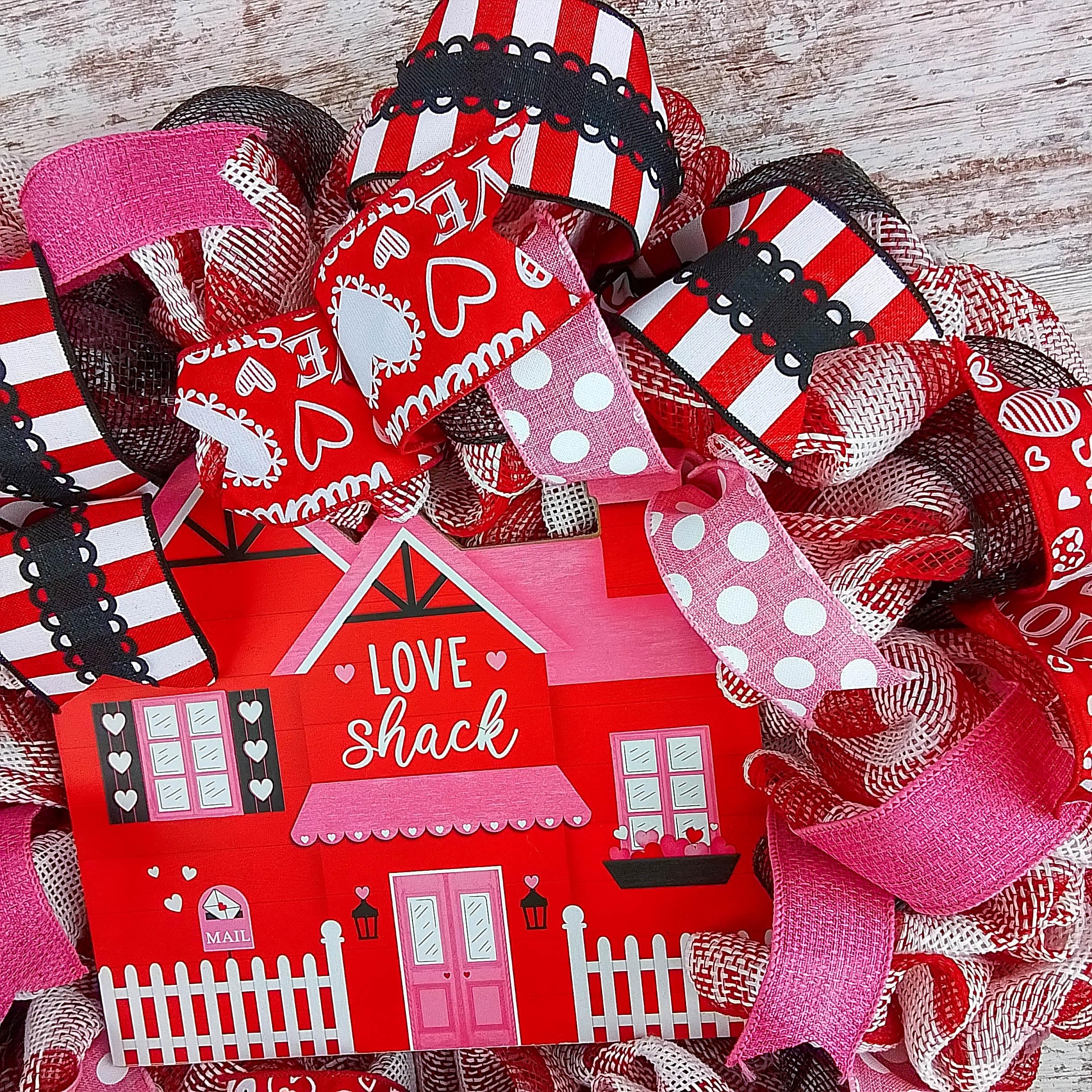 Valentine's Day Wreath - Love Shack Farmhouse Rustic Door Decor in Red, White, Black & Pink - Perfect for Valentine's Decorations, Front Door Welcome Wreath & Seasonal Home Decor
