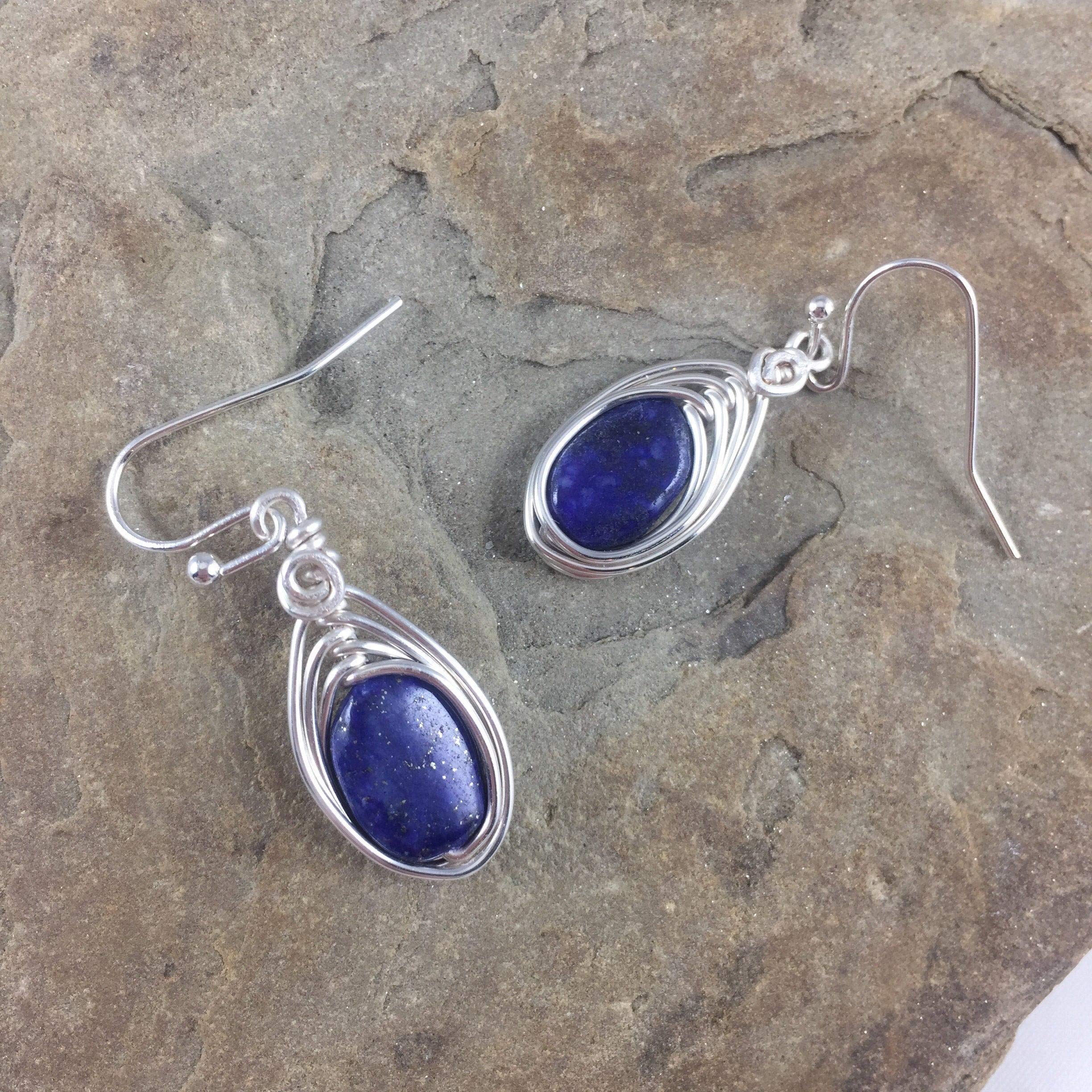 Natural Lapis Lazuli Earrings for Women - Genuine Cobalt Blue Drop Earrings with Silver Wire Wrapped Stone, Handmade Lapis Lazuli Jewelry - Perfect Gift for Birthday, Anniversary & Special Occasions