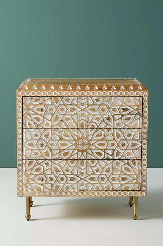 Hand Carved Albaron Three Drawer Dresser with Antique Brass Legs - Vintage Bedroom Furniture for Master Bedroom, Guest Room & Nursery Storage