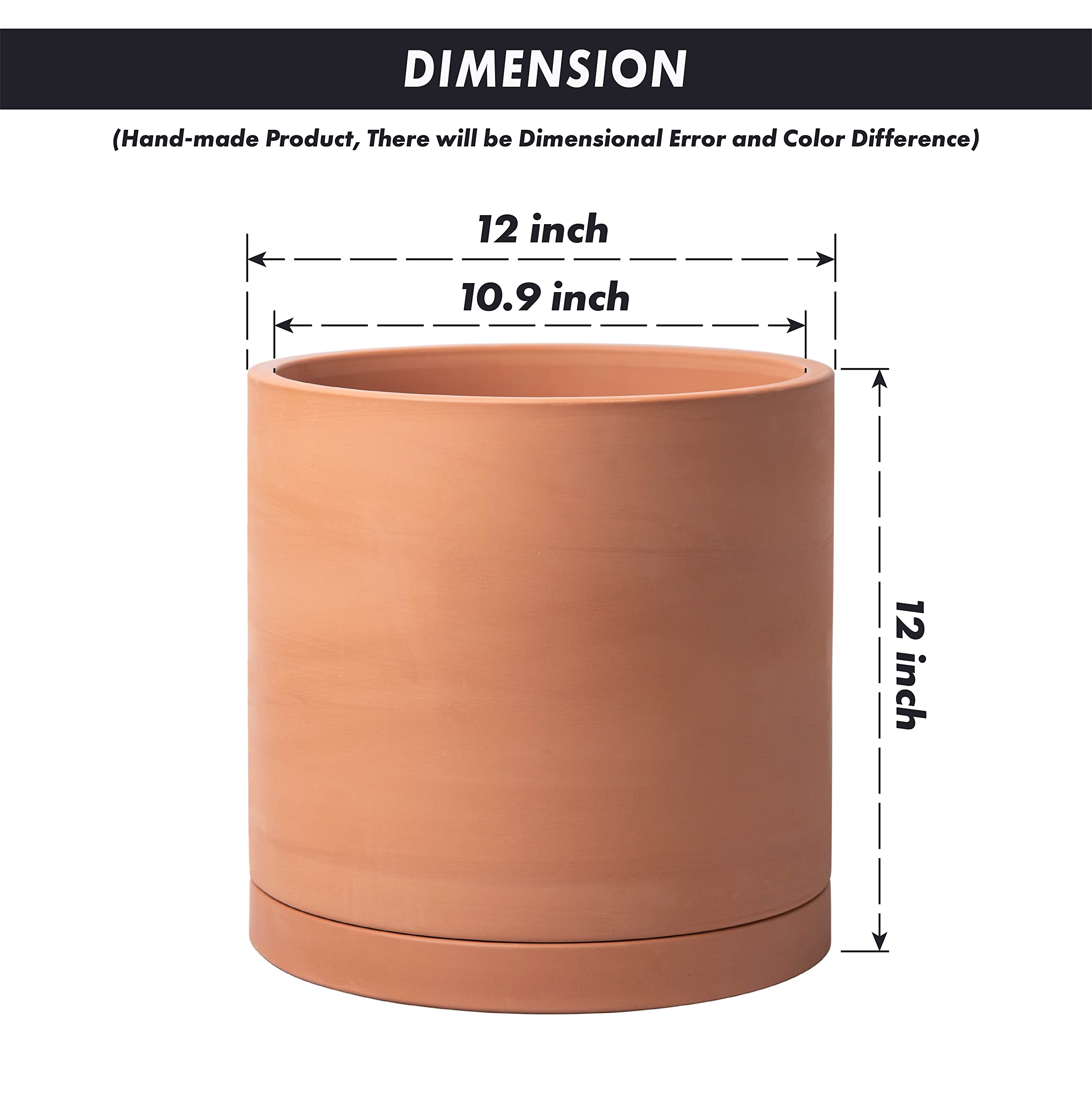 D'vine Dev 12 Inch Large Terracotta Plant Pot with Drainage Hole & Saucer - Round Cylinder Planter for Indoor Plants, Succulents, Herbs - Perfect for Home Decor, Office, Garden (40-X-A-6)