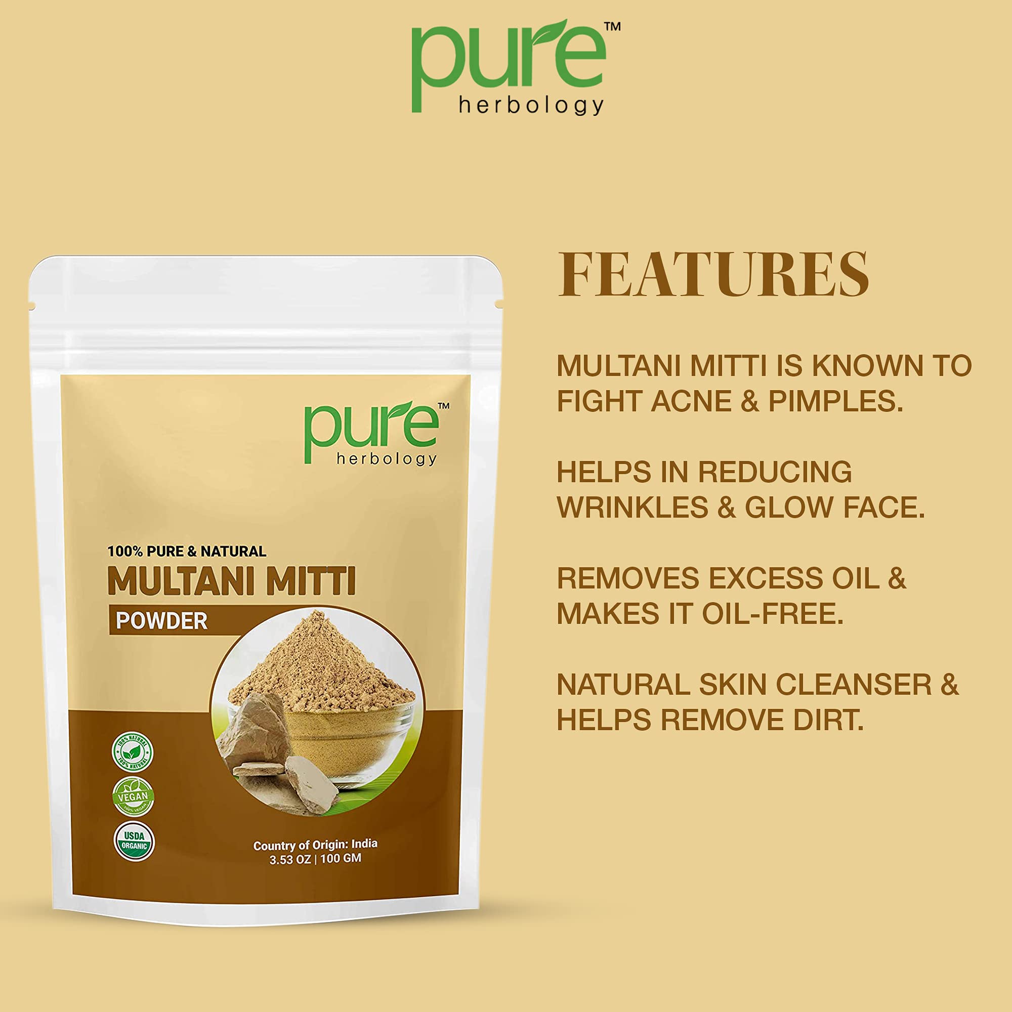 Pure Herbology 100% Natural Multani Mitti Clay Face Mask Powder for Glowing Skin - 200g | Deep Cleansing & Brightening Facial Treatment for Dry Skin | DIY Spa Day & At-Home Skincare Routine