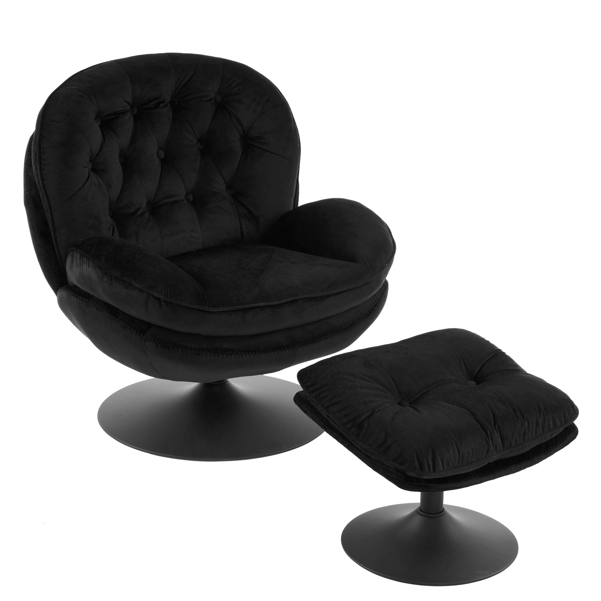 Velvet Swivel Accent Chair with Ottoman Set - Modern Tufted Armchair & Footrest for Living Room, Bedroom & Office - 360 Degree Rotating Lounge Chair for Reading, TV Watching & Relaxing - Soft Chaise Lounge Chairs for Adults (Black) - Perfect for Small Spaces, Apartments & Home Decor