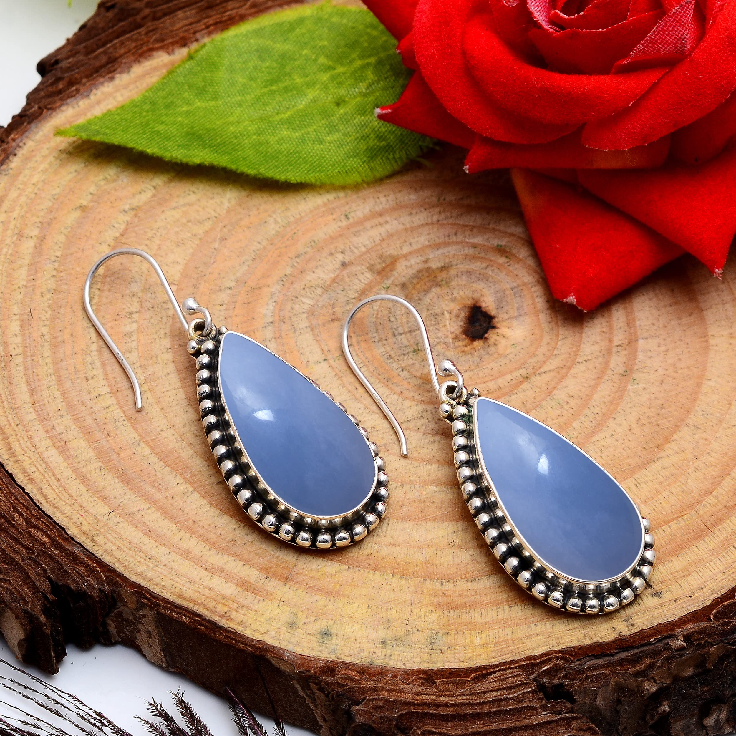 Veracity Jewelry Angelite Earrings for Women - 925 Sterling Silver Dangle Earrings with Blue Angelite Gemstone - Handmade Healing Jewelry for Inner Peace & Spiritual Balance - Perfect for Meditation, Yoga & Everyday Wear