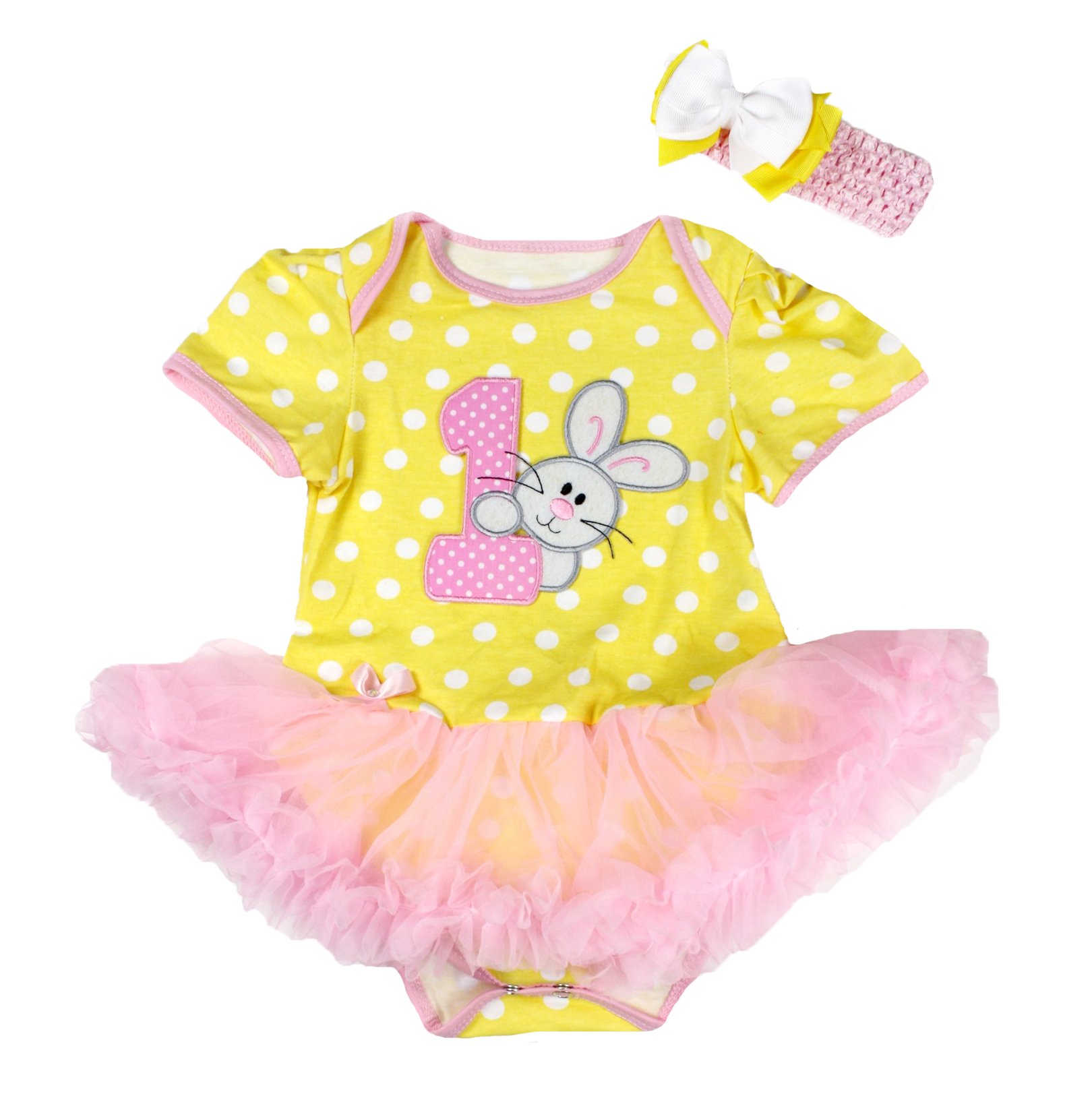 Easter 1st Baby Girl Bunny Rabbit Yellow & White Dot Bodysuit Dress - Pink Outfit for Newborn to 18 Months - Perfect for Easter Photos, Baby Showers & First Birthday Celebrations