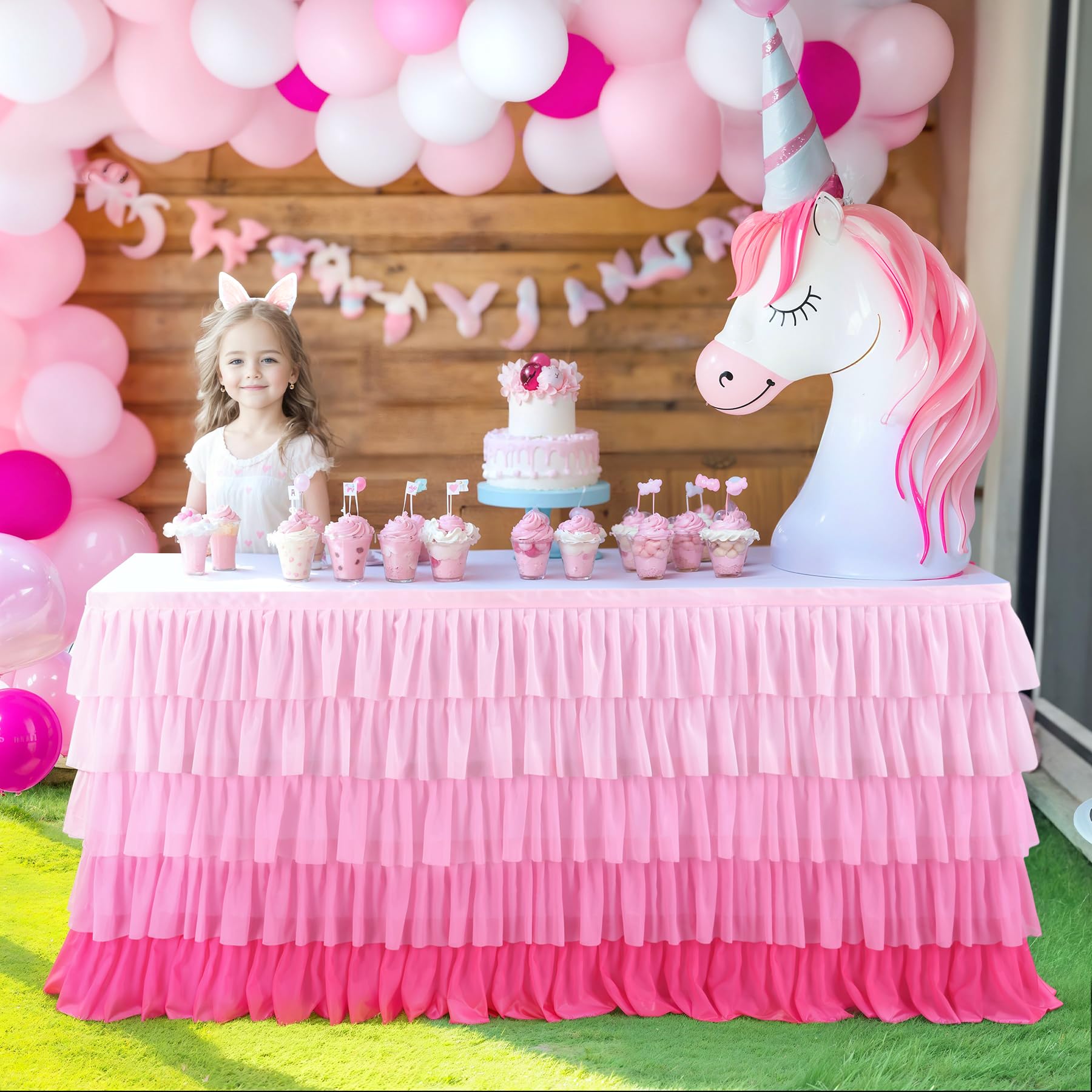 14ft Pink Tutu Tulle Table Skirt - Elegant Chiffon Tablecloth for Rectangle & Round Tables | Perfect for 1st Birthday Parties, Baby Showers, Girls' Parties, Cake & Dessert Table Decor | Washable Ruffle Table Skirting for Weddings, Bridal Showers & Home Decor