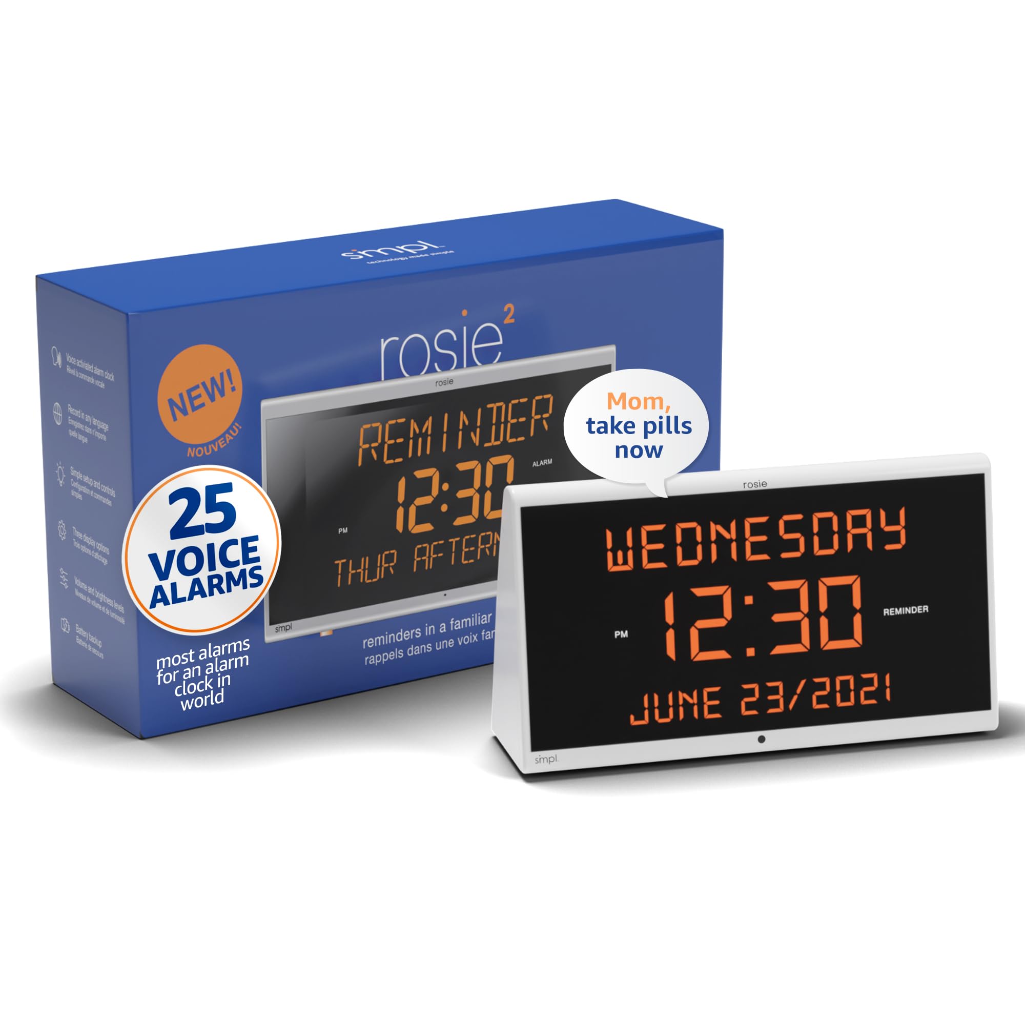 Simpl Rosie Reminder Large Display Talking Alarm Clock – 25 Custom Voice Alerts, Dementia & Alzheimer’s Friendly Senior Clock, Voice Activated, Easy-to-Use, 100ft Range (Rosie 2) – Perfect for Bedrooms, Nursing Homes & Memory Care Facilities