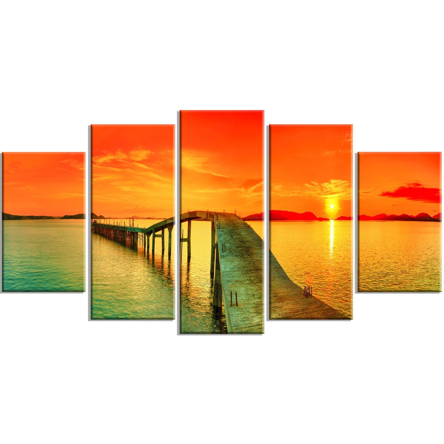 Designart Fabulous Sunset Panoramic Seascape Metal Wall Art - 5 Panel Coastal Decor for Living Room, Bedroom & Office - 60x32 Inches Modern Beach Landscape Print MT6908