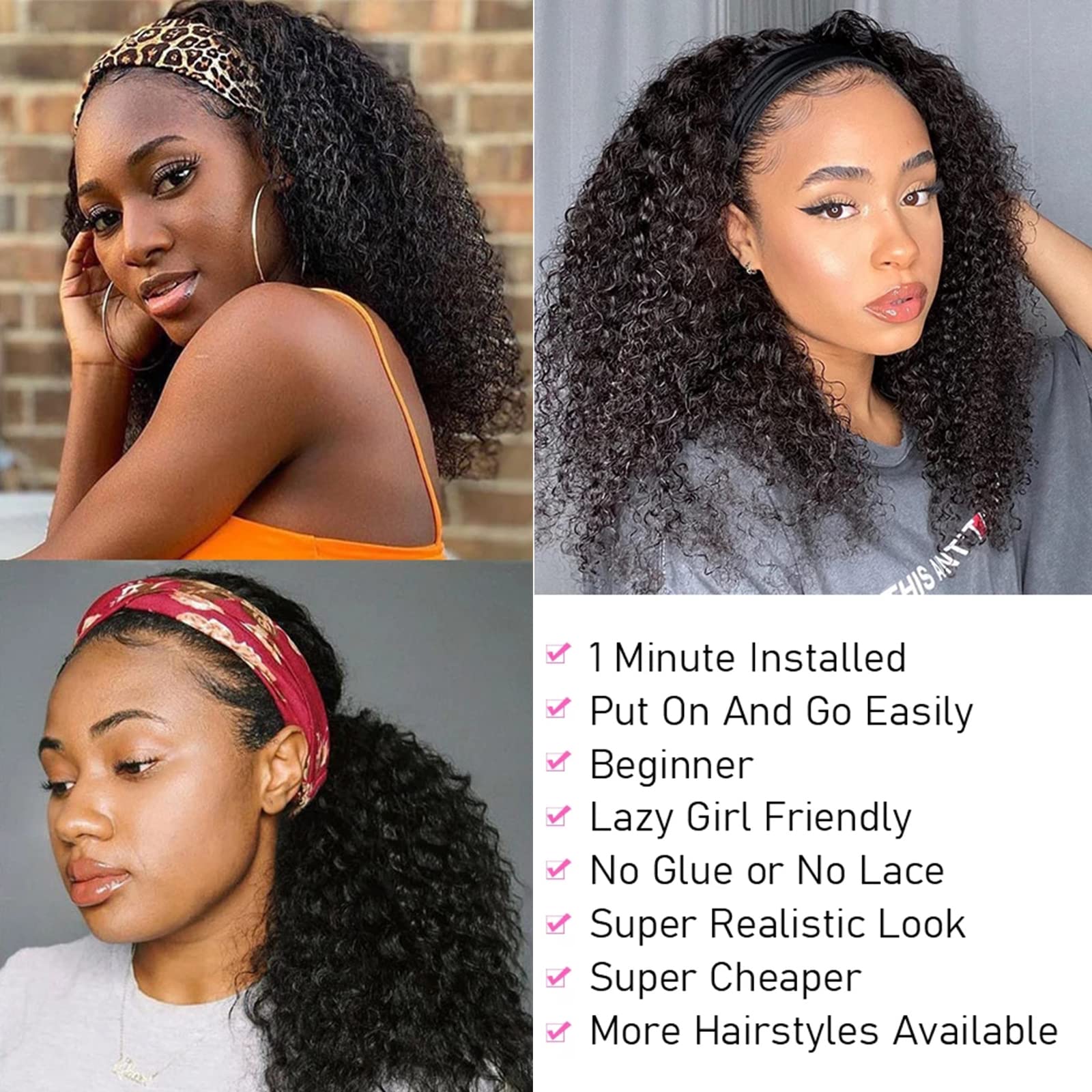 ISEE Headband Wig - 26 Inch Kinky Curly Human Hair Wigs for Black Women | Glueless No Lace Front | 180% Density | Perfect for Daily Wear, Parties & Protective Styling
