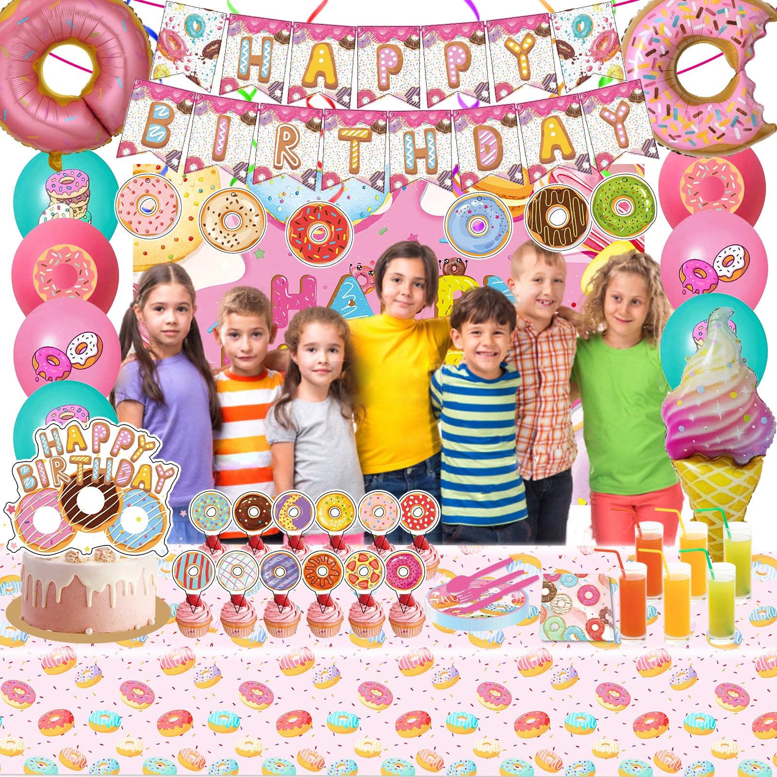 Donut-Themed Birthday Party Supplies Set - Happy Birthday Banner, Backdrop, Tableware, Tablecloth, Cake & Cupcake Toppers, Latex Balloons, Hanging Swirls - Perfect for Kids' Birthday Parties, Baby Showers & Sweet 16 Celebrations