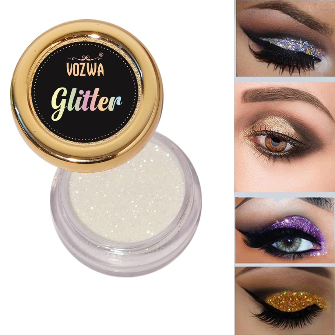 Vozwa Black Beauty Eyeshadow - Chunky Glitter & Holographic White Eye Glitter for Party, Festival & Special Occasion Makeup