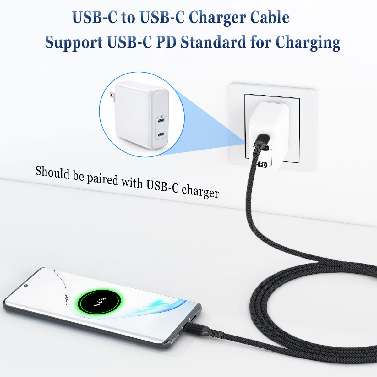 Basesailor 2-Pack 15ft USB C to USB C Cable 100W Fast Charging PD Power Delivery - Compatible with MacBook, iPad Pro/Air/Mini, Samsung Galaxy Z Flip/Fold, Google Pixel - Perfect for Home, Office & Travel Charging