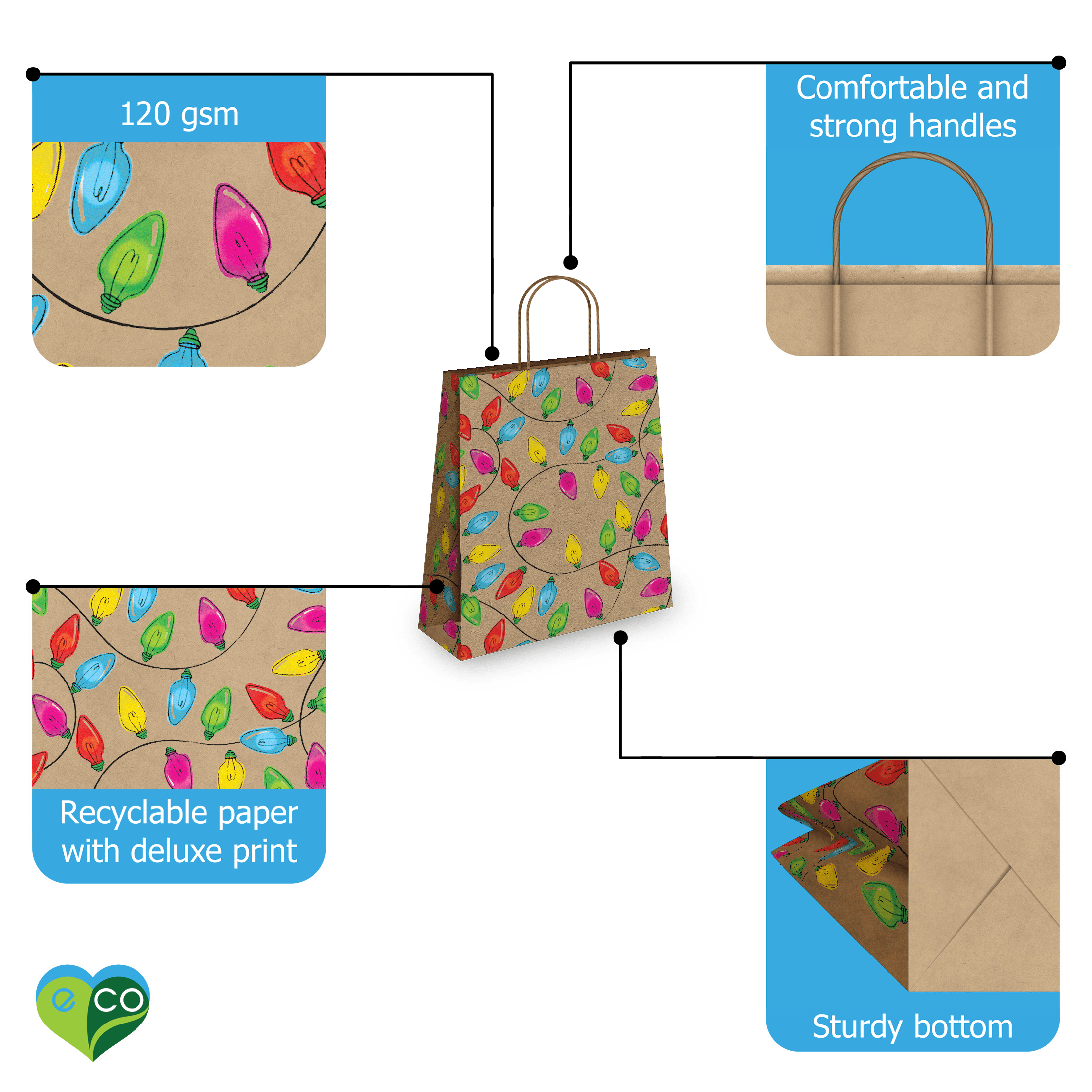 Christmas Lights Kraft Gift Bags Set - 10 Mixed Size Eco-Friendly Party Favor Bags for Holiday Gifts, Decorations & DIY Crafts