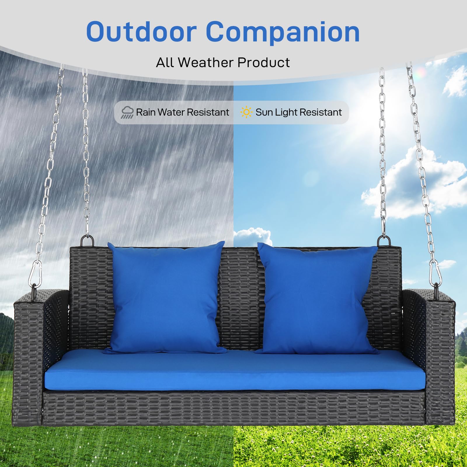 Outvita 2-Person Wicker Porch Swing with Cushion & Pillow - 800 lb Capacity Outdoor Hanging Bench for Patio, Garden, Backyard - Perfect for Relaxing, Reading & Enjoying Nature (Blue)