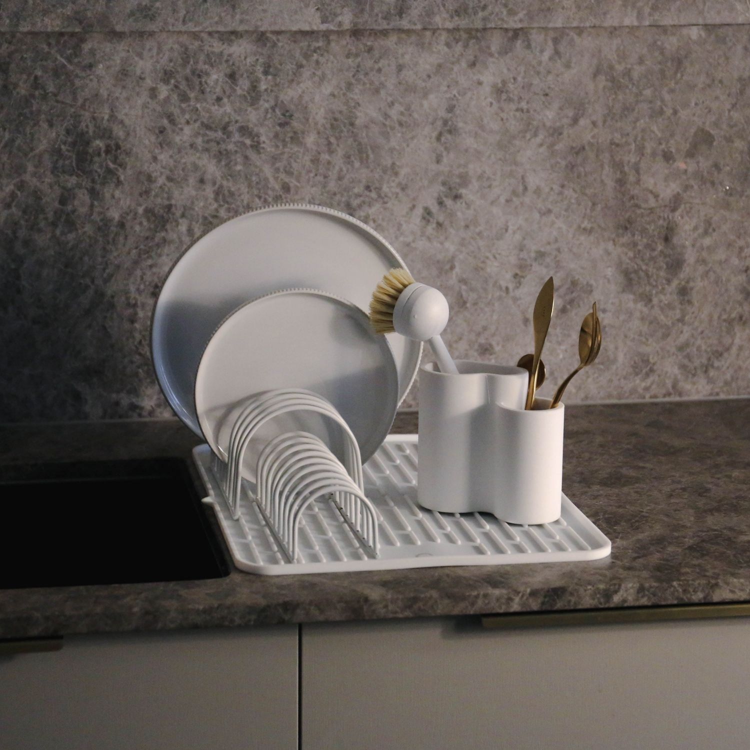 Premium White Dish Drainer Set of 2 - Space Saving Kitchen Organizer for Countertop Drying Rack - Perfect for Small Apartments & Compact Kitchens