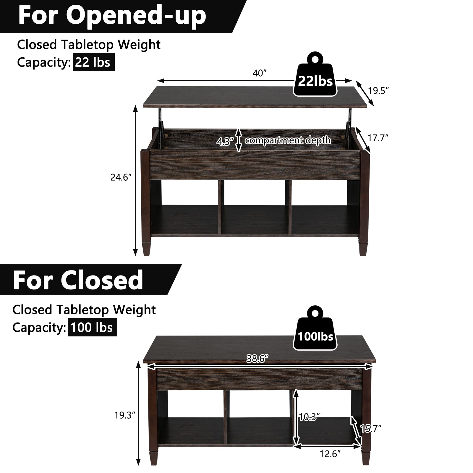 Lift Top Coffee Table with Hidden Storage - Modern Adjustable Wooden Center Table with 3 Cube Open Shelves, Raisable Top for Living Room, Bedroom, Office - Espresso Brown