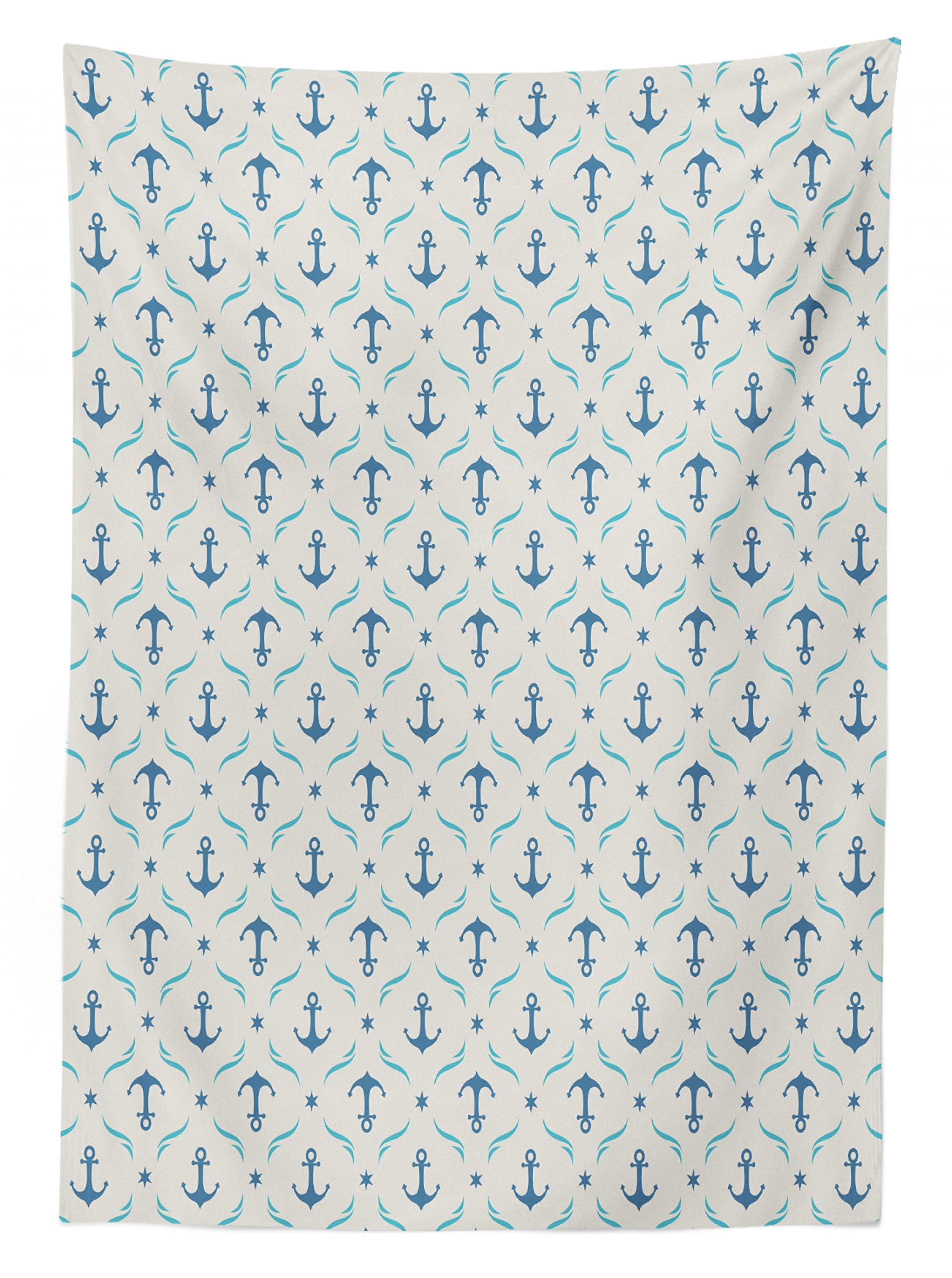 Ambesonne Anchor Outdoor Tablecloth - Yachting Theme with Abstract Ocean Waves & Blue Stars - Washable Picnic Table Cover 58x120 Inches - Beige & Blue Decor for Beach Parties, Boat Docks & Nautical Themed Events