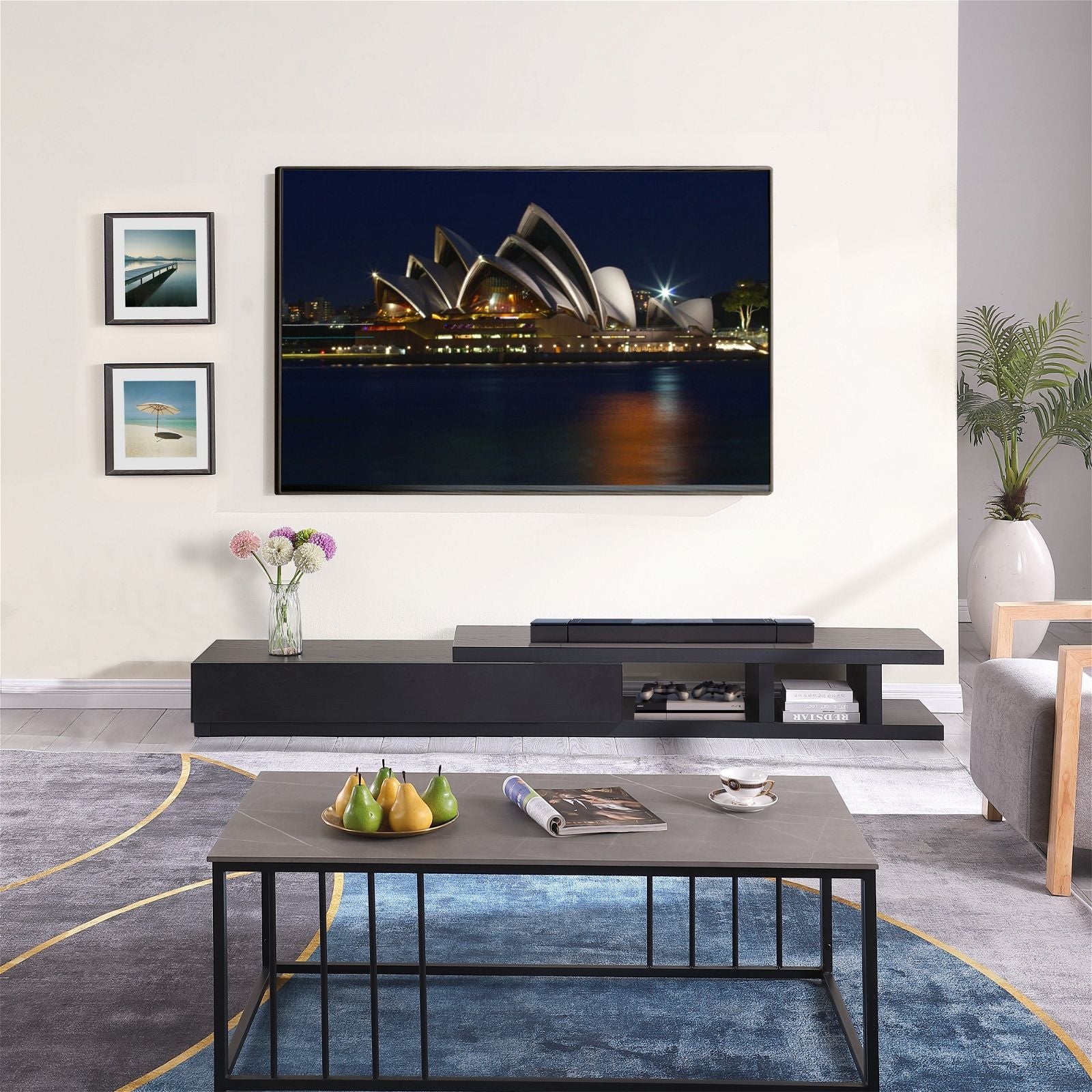 Criterion Coventry Extendable TV Stand 279cm - Black Oak Entertainment Center for Living Room, Home Theater & Media Storage